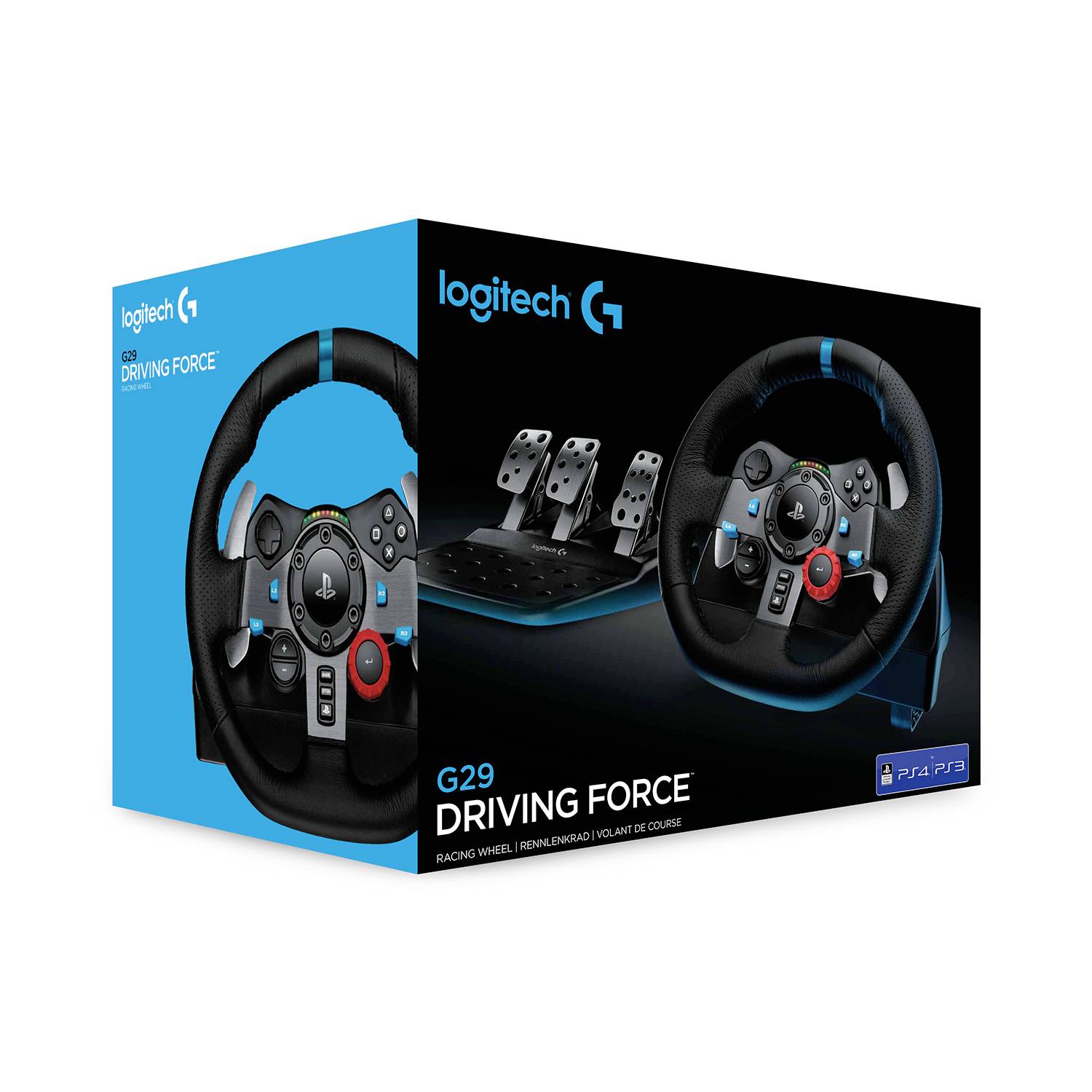Eine Verpackung mit einem Lenkrad und Pedalen von Logitech. Aufschrift 'G29 Driving Force', kompatibel mit PS4 und PS3.