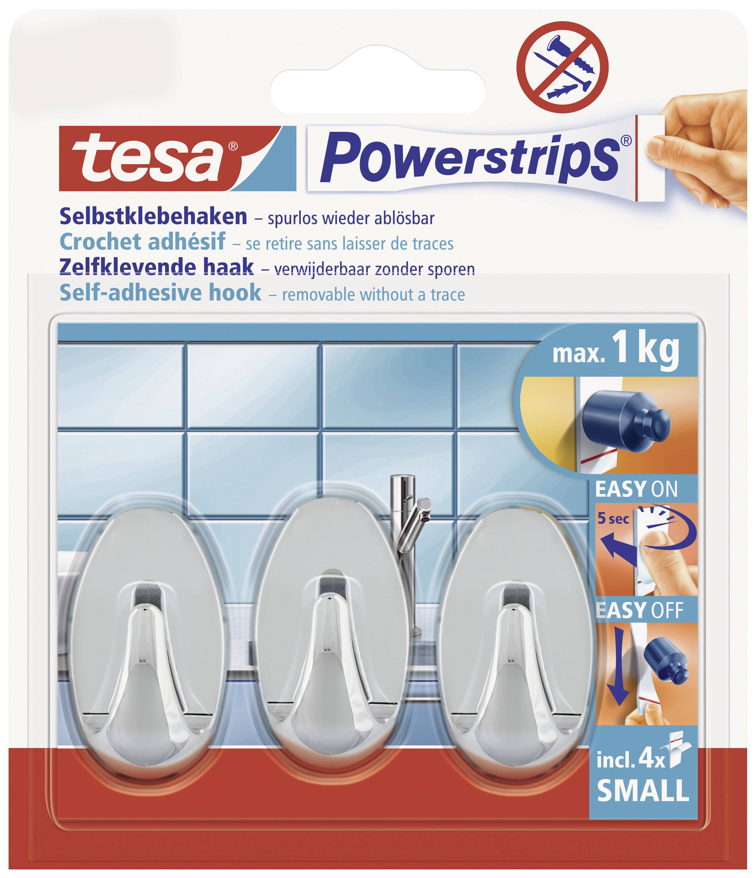 Verpackung von selbstklebenden Haken 'Powerstrips' der Marke tesa. Enthält drei Haken, die bis zu 1 kg halten können, leicht anzubringen und zu entfernen sind.