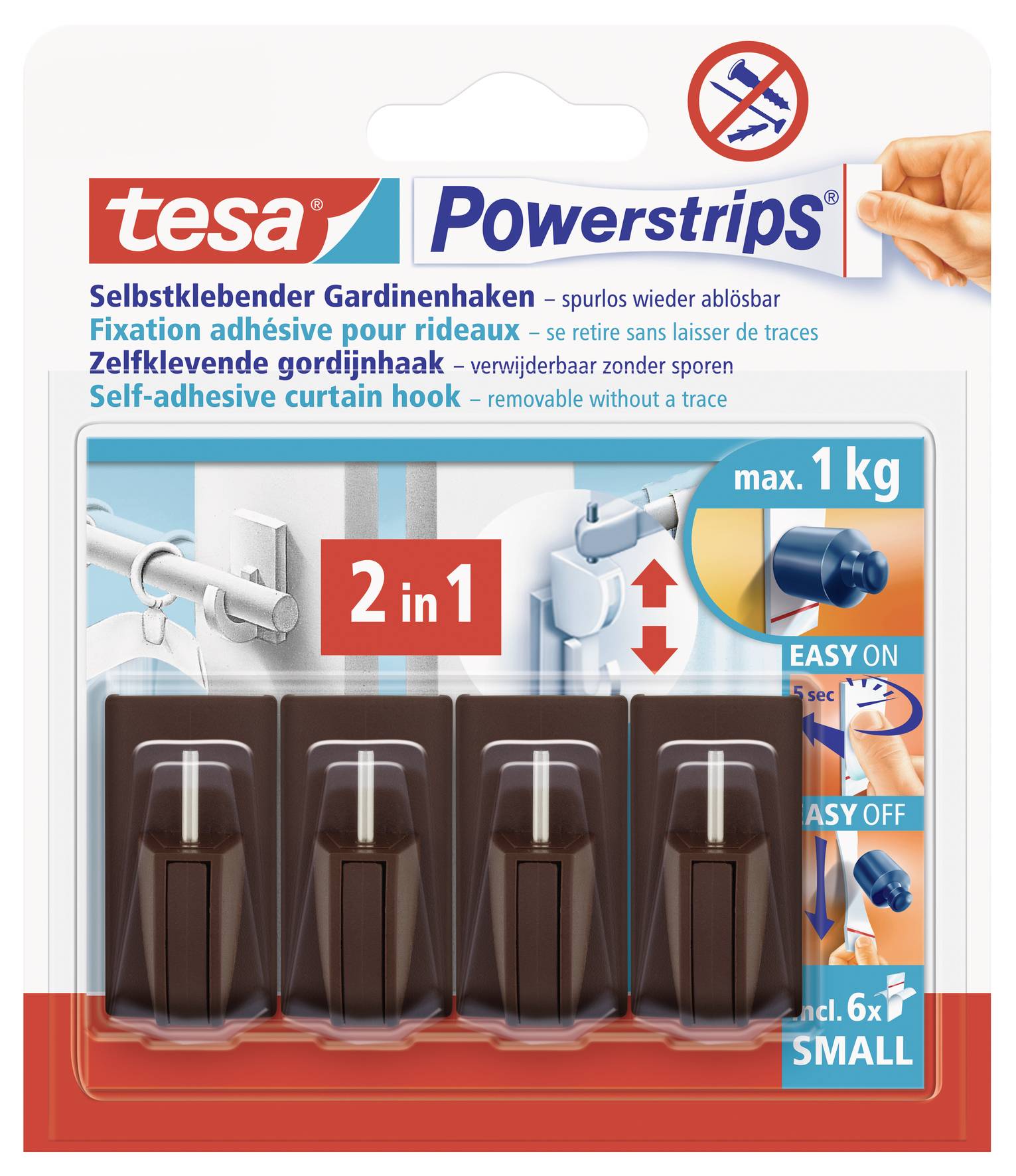 Verpackung von Tesa Powerstrips Gardinenhaken, 2-in-1, selbstklebend, für max. 1 kg, leicht anzubringen und zu entfernen.