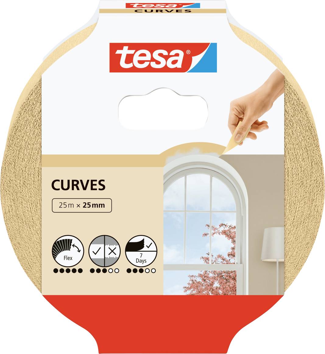 Verpackung von 'Tesa Curves': 25m x 25mm Klebeband. Zeigt eine Hand, die flexibles Klebeband auf einer gebogenen Wand anbringt, mit Fensterausblick auf einen Herbstbaum im Hintergrund.