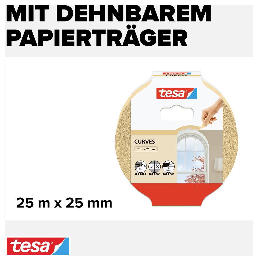 Produktabbildung einer Rolle Tesa-Klebeband für Kurven, 25m x 25mm, mit dehnbarem Papierträger.
