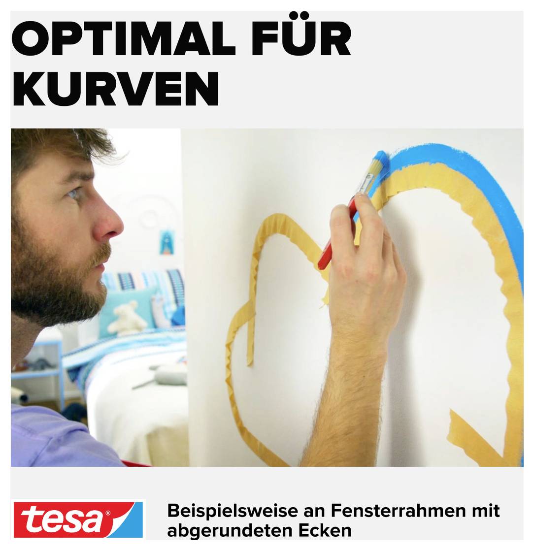 Ein Mann malt eine geschwungene Linie an eine Wand. Im Hintergrund ein Kinderzimmer, Text: 'Optimal für Kurven', 'tesa', 'Beispielsweise an Fensterrahmen mit abgerundeten Ecken'.