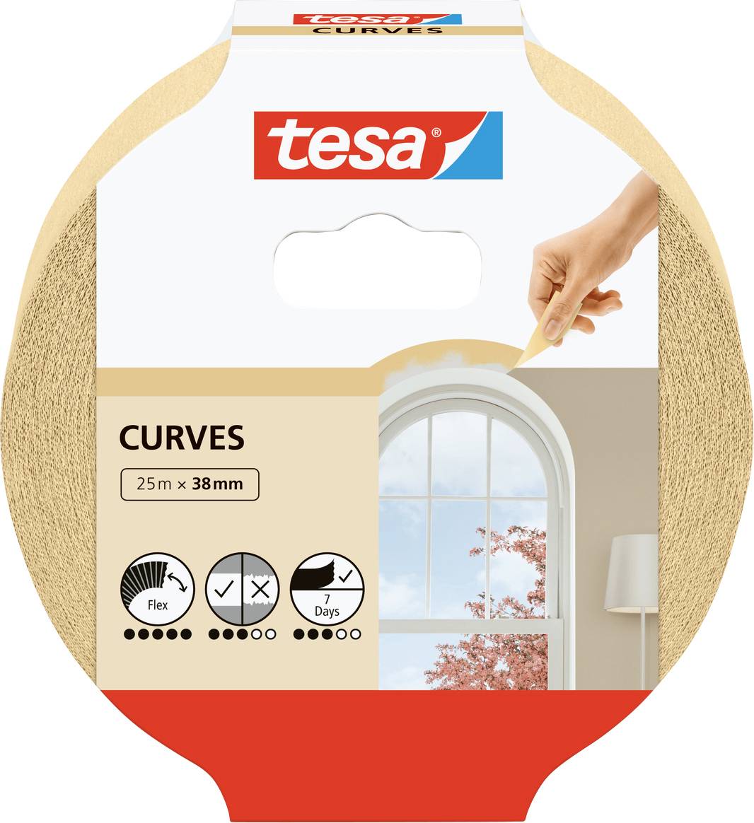 Verpackung von Tesa Malerband für Kurven, Größe 25m x 38mm. Zeigt ein Bogenfenster mit rosa Blättern im Hintergrund. Text: 'Flex', '7 Tage'.