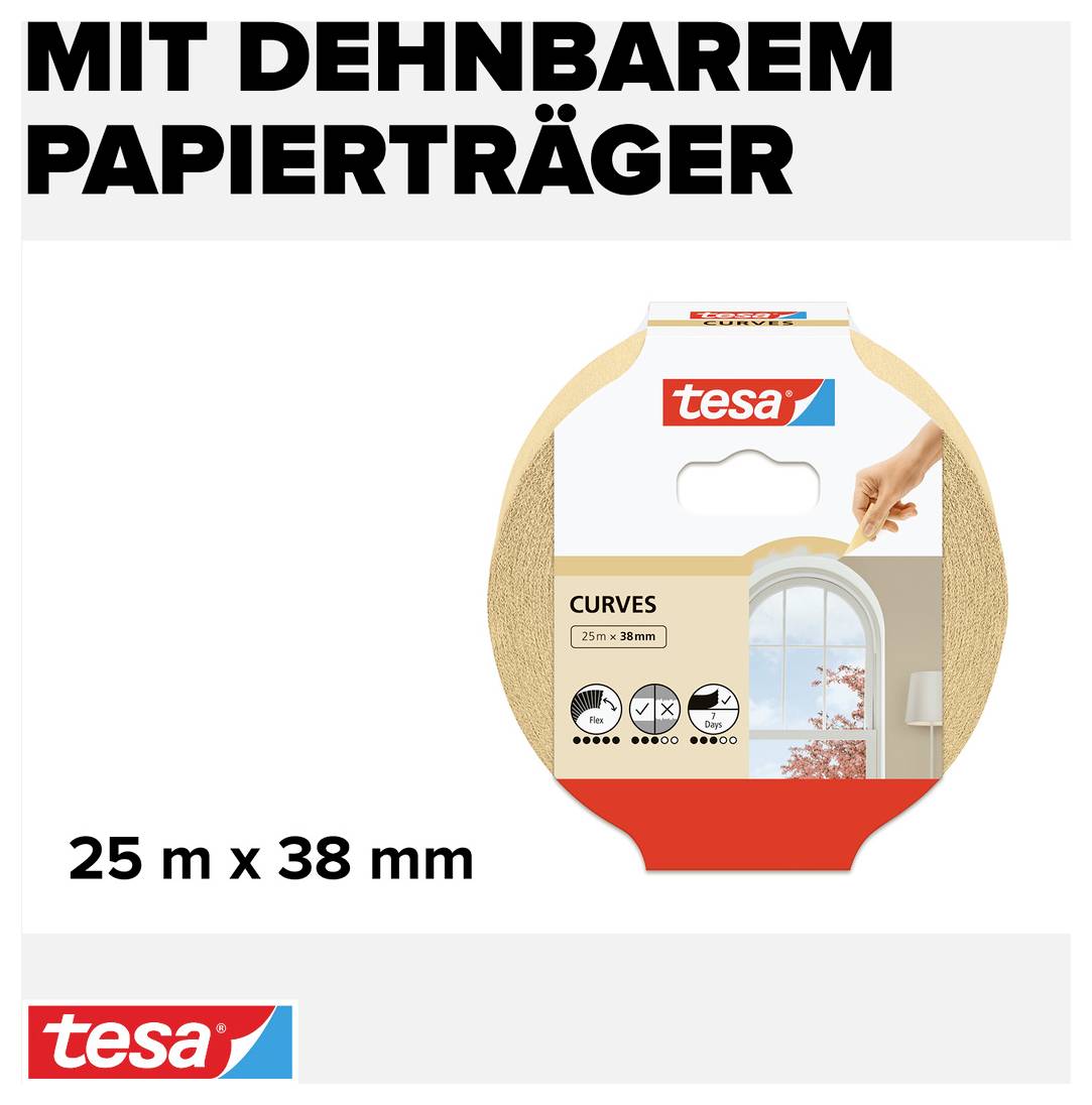 Verpackung von Tesa Kurvenklebeband 25 m x 38 mm, ideal für abgerundete Flächen. Mit dehnbarem Papierträger.