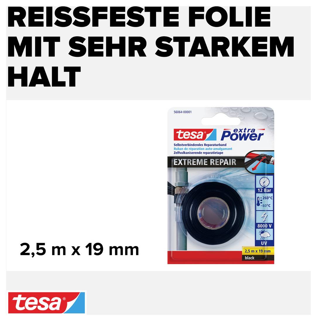 'Reißfeste Folie mit sehr starkem Halt' steht oben. Abgebildet ist eine Packung tesa extra Power Extreme Repair Klebeband, 2,5 m x 19 mm.
