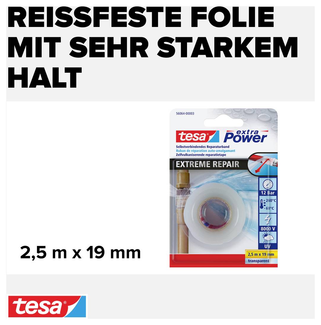 Verpackung einer extra starken Reparaturfolie der Marke tesa, 2,5 m x 19 mm, für extremen Halt und robuste Anwendungen.