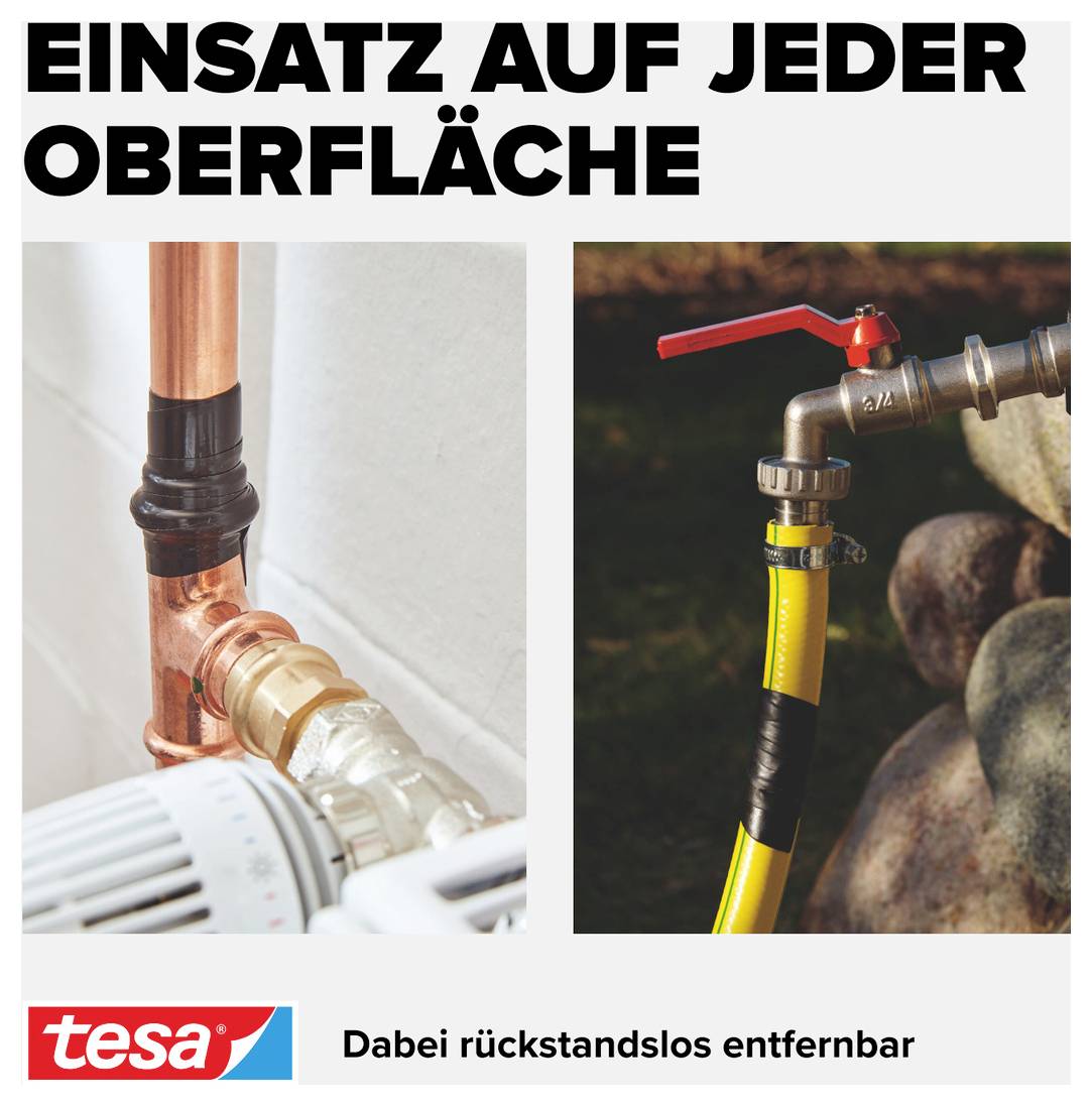 Zwei Bilder zeigen Rohre mit Klebeband fixiert: Innenraumanwendung mit Kupferrohr, Außenanwendung an Gartenarmatur. Text oben: Einsatz auf jeder Oberfläche.