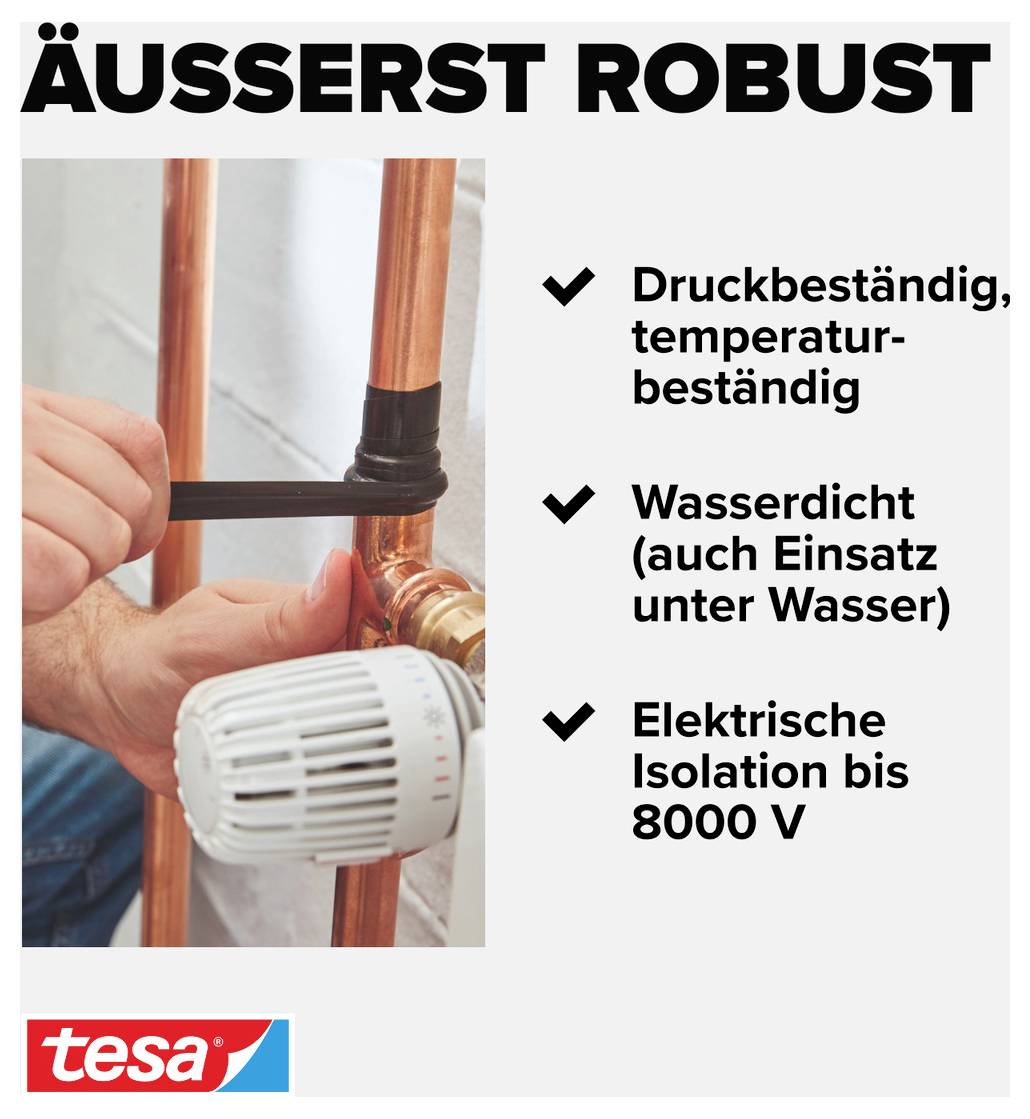 'Äußerst robust' Text auf weißem Hintergrund. Bild zeigt Klebeband um ein Kupferrohr. Stichpunkte: 'Druckbeständig, temperaturbeständig', 'Wasserdicht', 'Elektrische Isolation bis 8000 V'.
