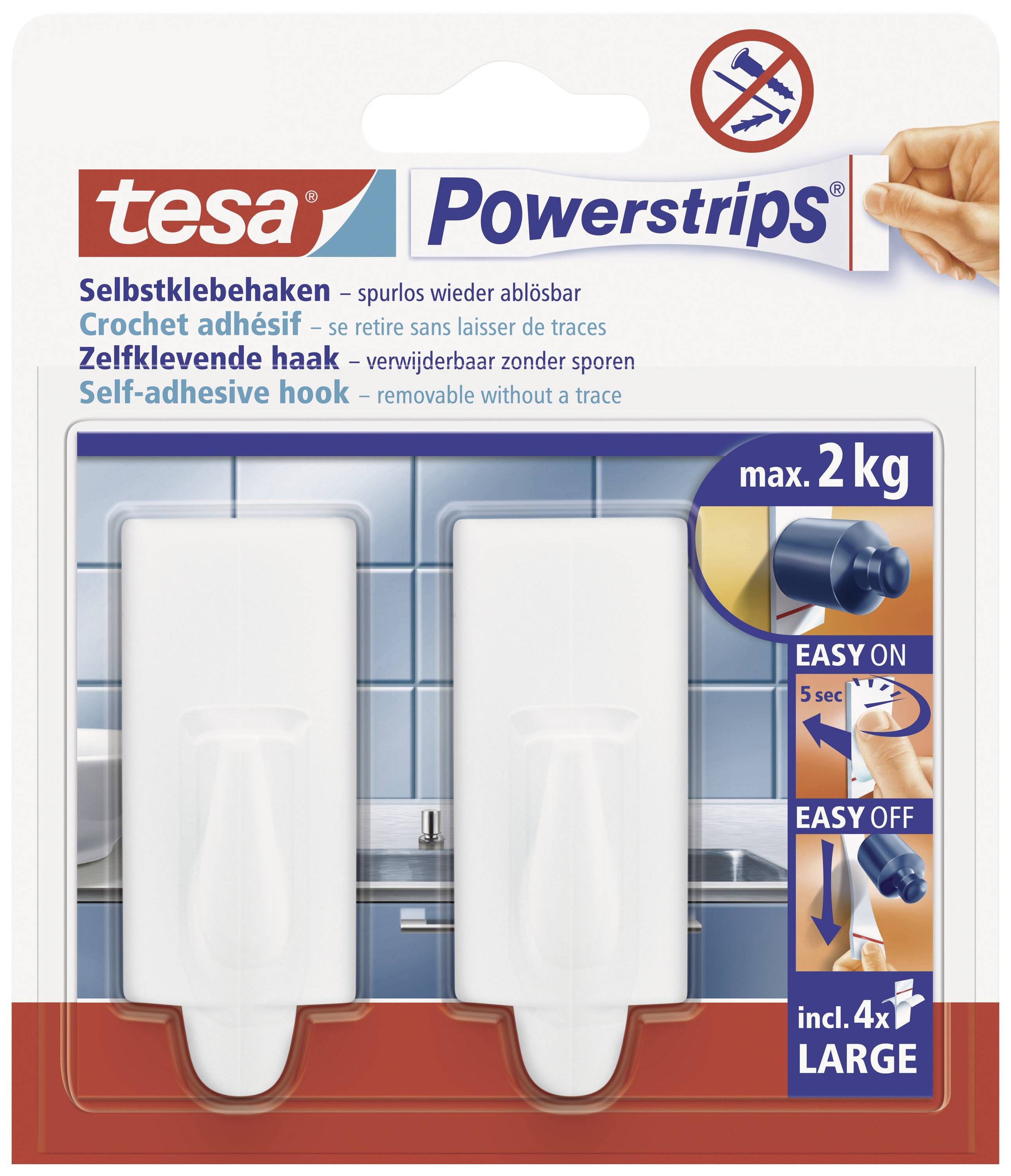 Verpackung von Tesa Powerstrips Haken, selbstklebend, für max. 2 kg. Enthält 2 Haken und 4 Powerstrips, einfach anzubringen und zu entfernen.