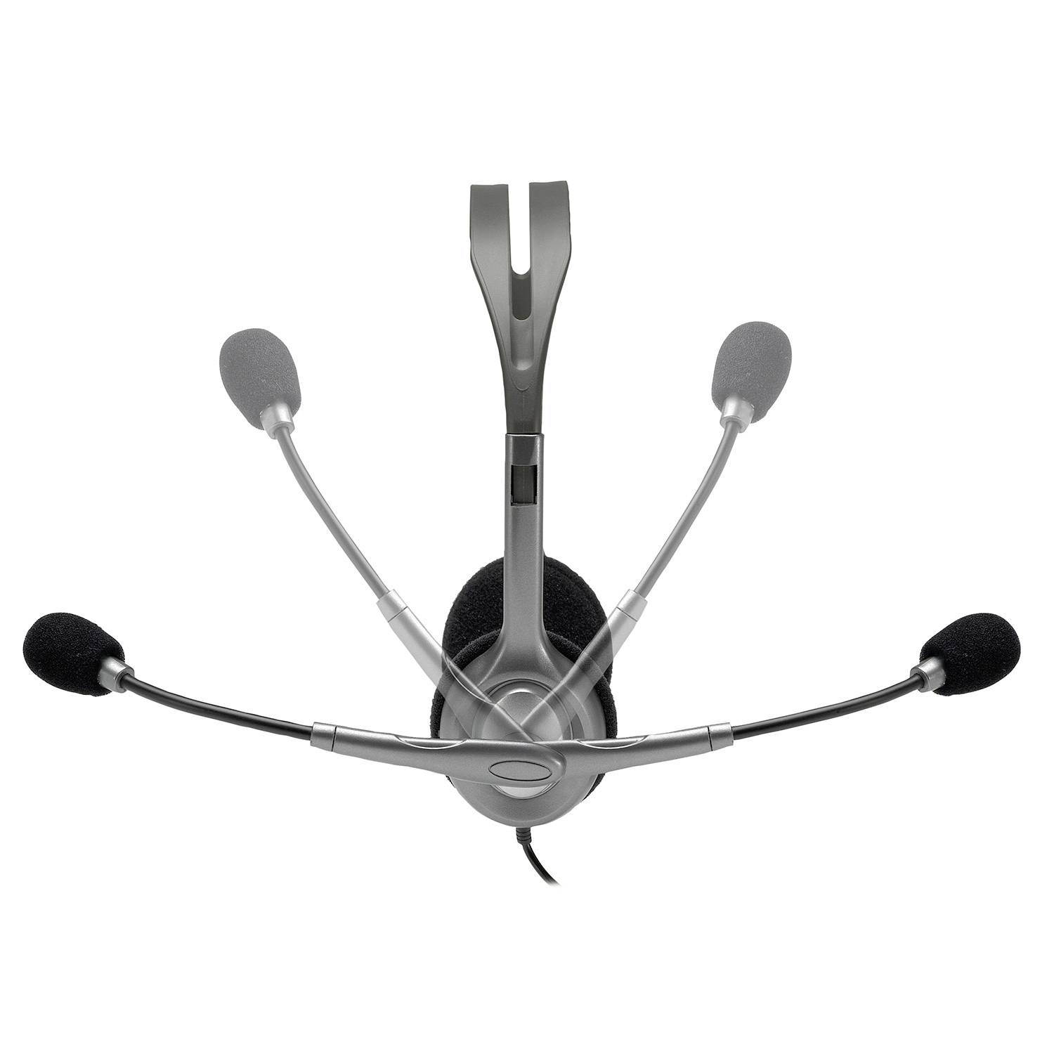 Ein Headset mit vier Mikrofonarmen und Ohrmuscheln in Schwarz. Draufsicht, neutraler Hintergrund.