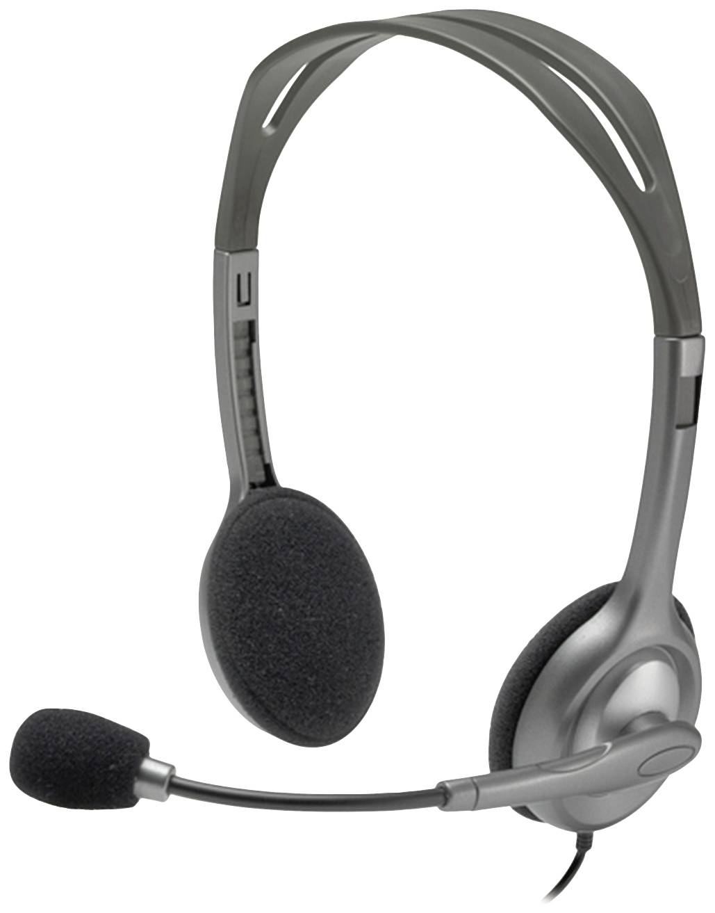 Graues Headset mit Mikrofon, das an einem Bügel mit verstellbarer Halterung befestigt ist. Geeignet für Kommunikation und Audioanwendungen.