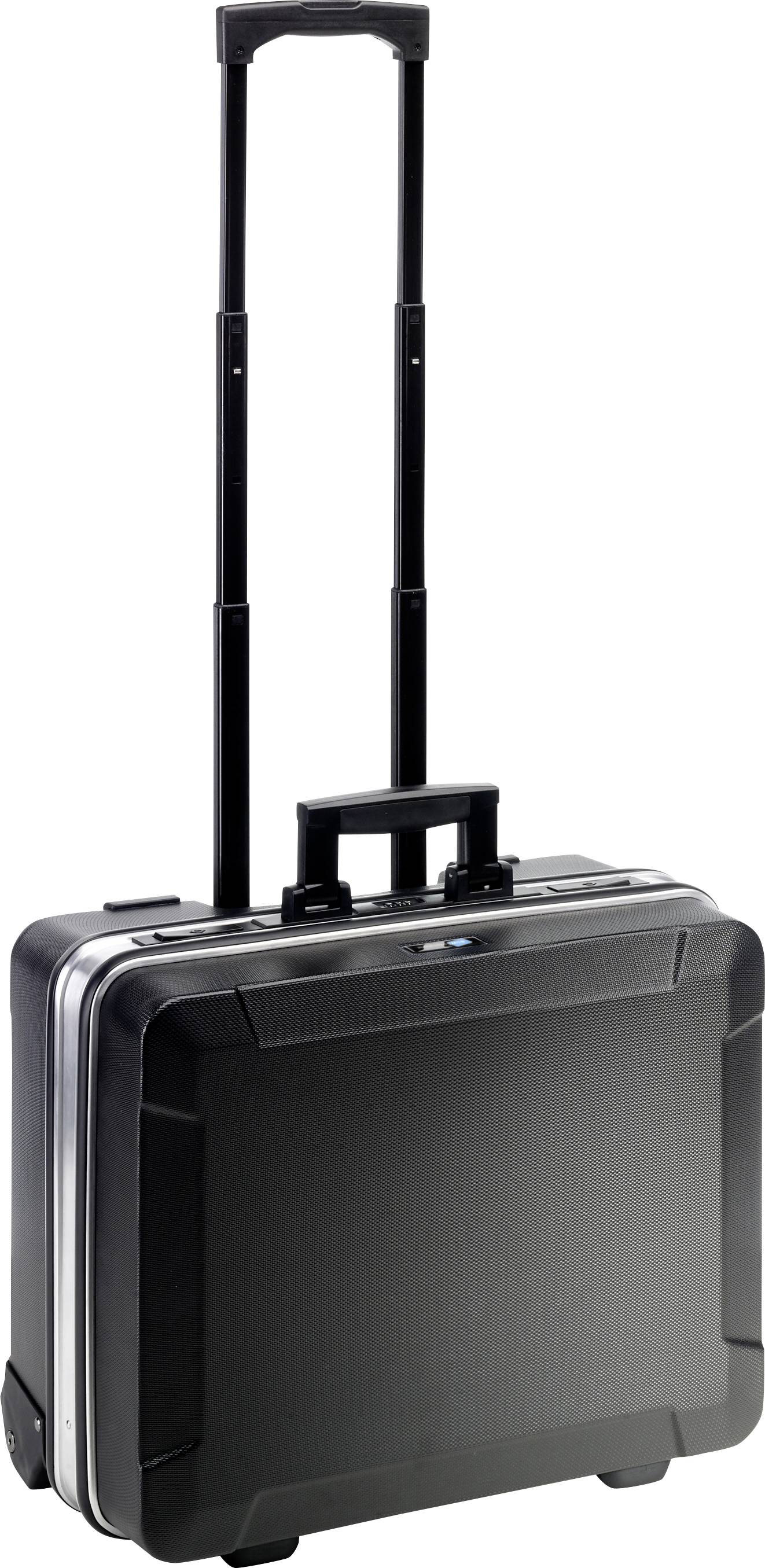 Ein schwarzer Aktenkoffer mit Teleskopgriff und Rädern, aufrecht stehend. Geeignet für den Transport von Dokumenten und Laptops.