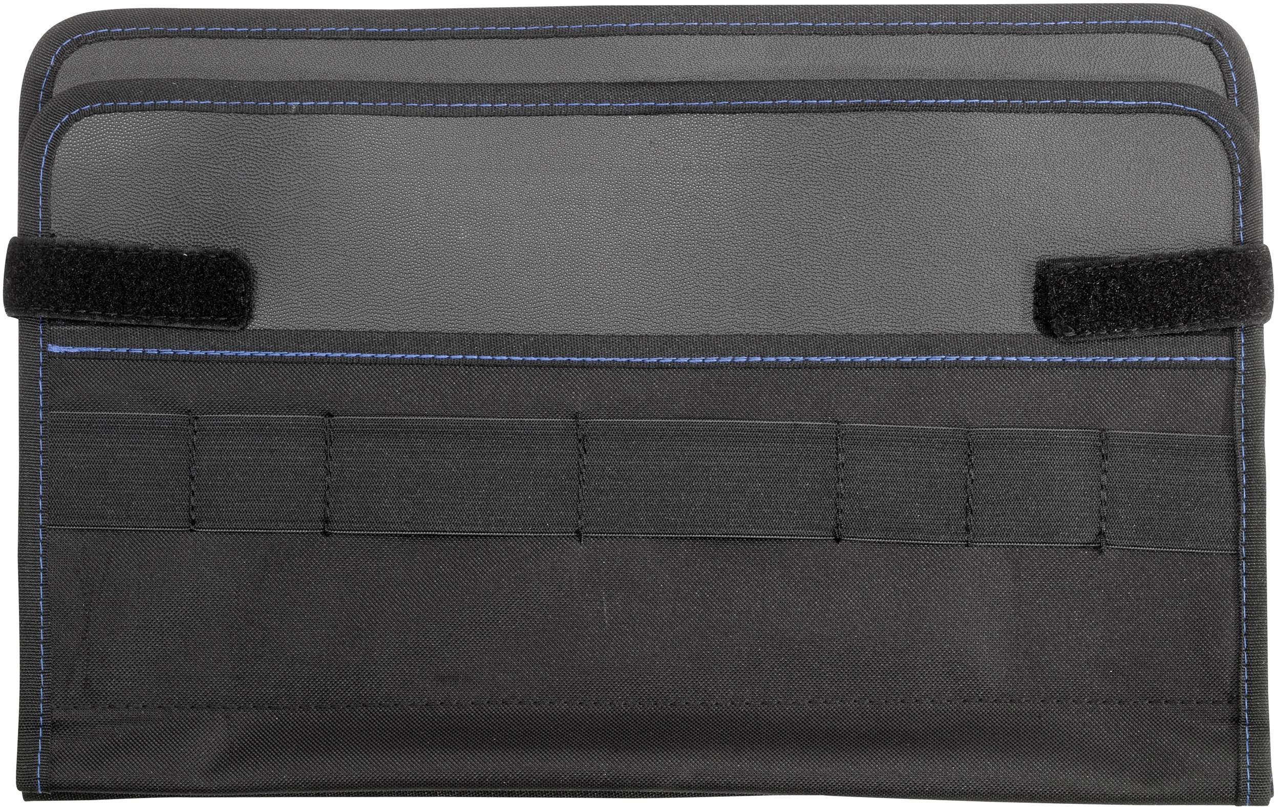Schwarzes Nylonetui mit Klettverschluss und blauen Nähten; geeignet für die Aufbewahrung von Gegenständen wie Werkzeugen.