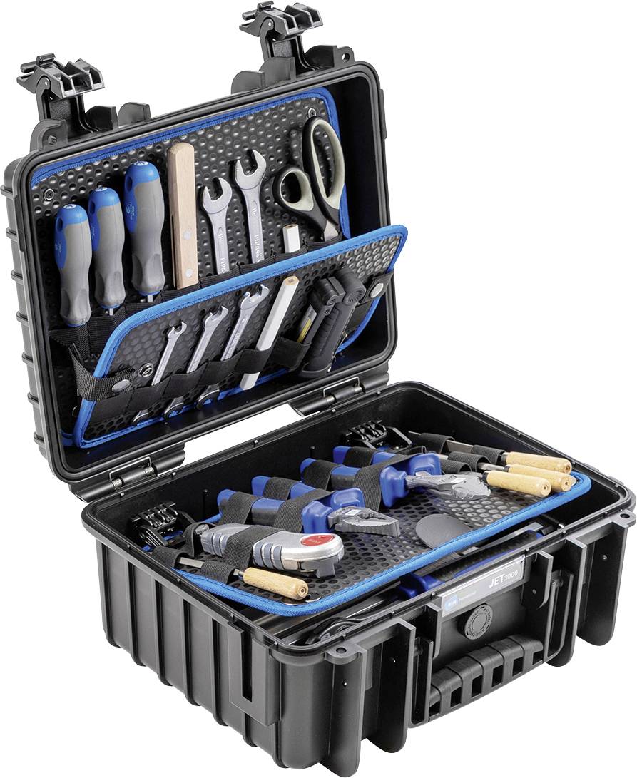 Ein geöffneter Werkzeugkoffer zeigt eine Auswahl von Schraubendrehern, Zangen, Schraubenschlüsseln und anderen Handwerkzeugen.