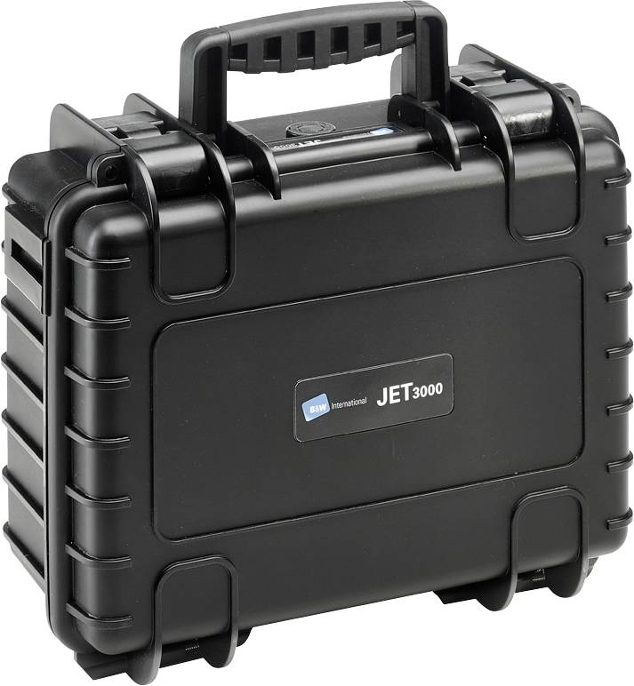Schwarzer, robuster Koffer mit Label 'JET3000' auf der Vorderseite und einem stabilen Tragegriff oben.