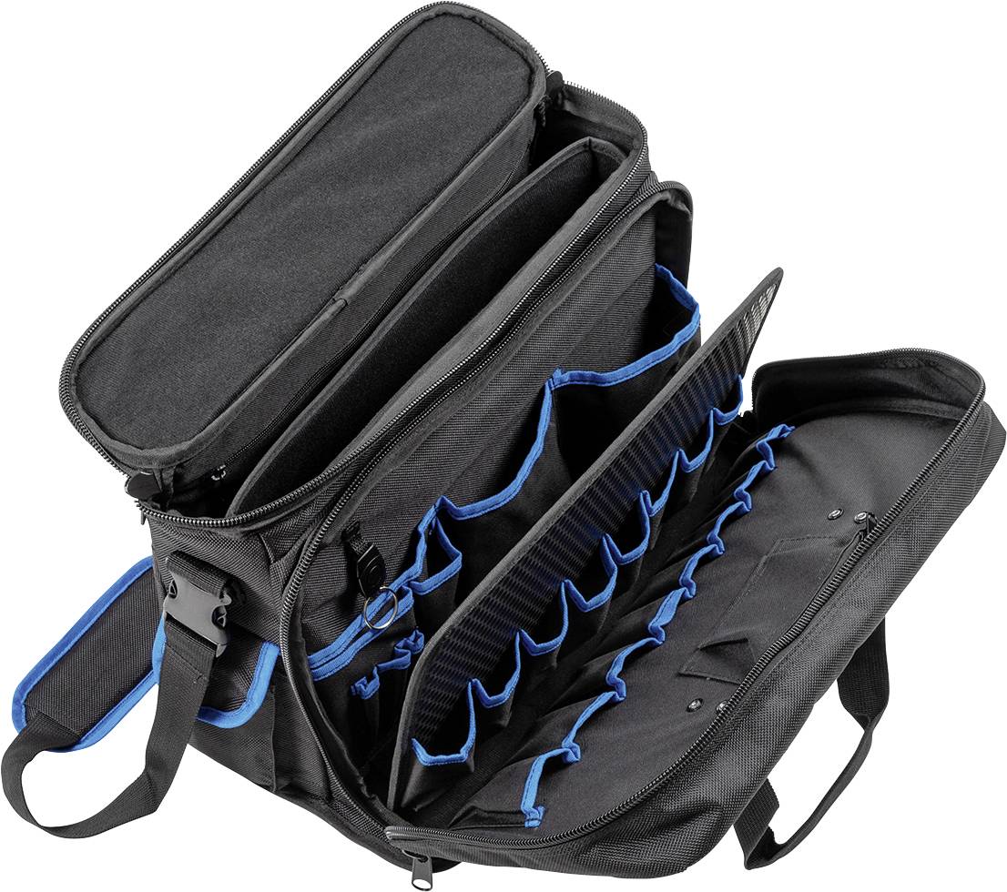 Schwarze, geöffnete Tasche mit mehreren Fächern und blauer Inneneinfassung, geeignet zur organisierten Aufbewahrung von Werkzeugen oder Utensilien.
