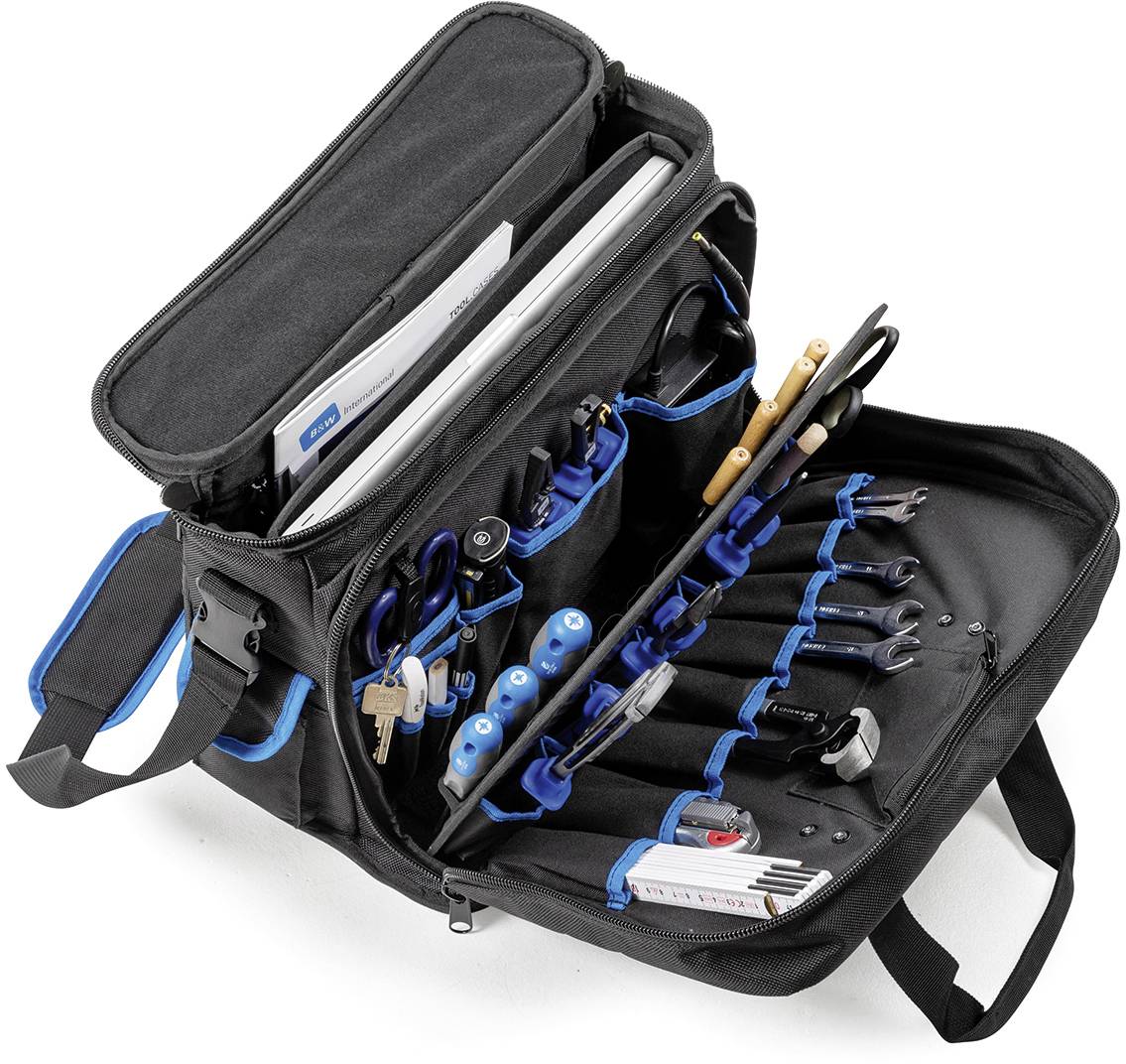 Werkzeugtasche mit offenem Reißverschluss zeigt sortierte Werkzeuge wie Schraubendreher, Zangen und Schraubenschlüssel in blauen Halterungen.