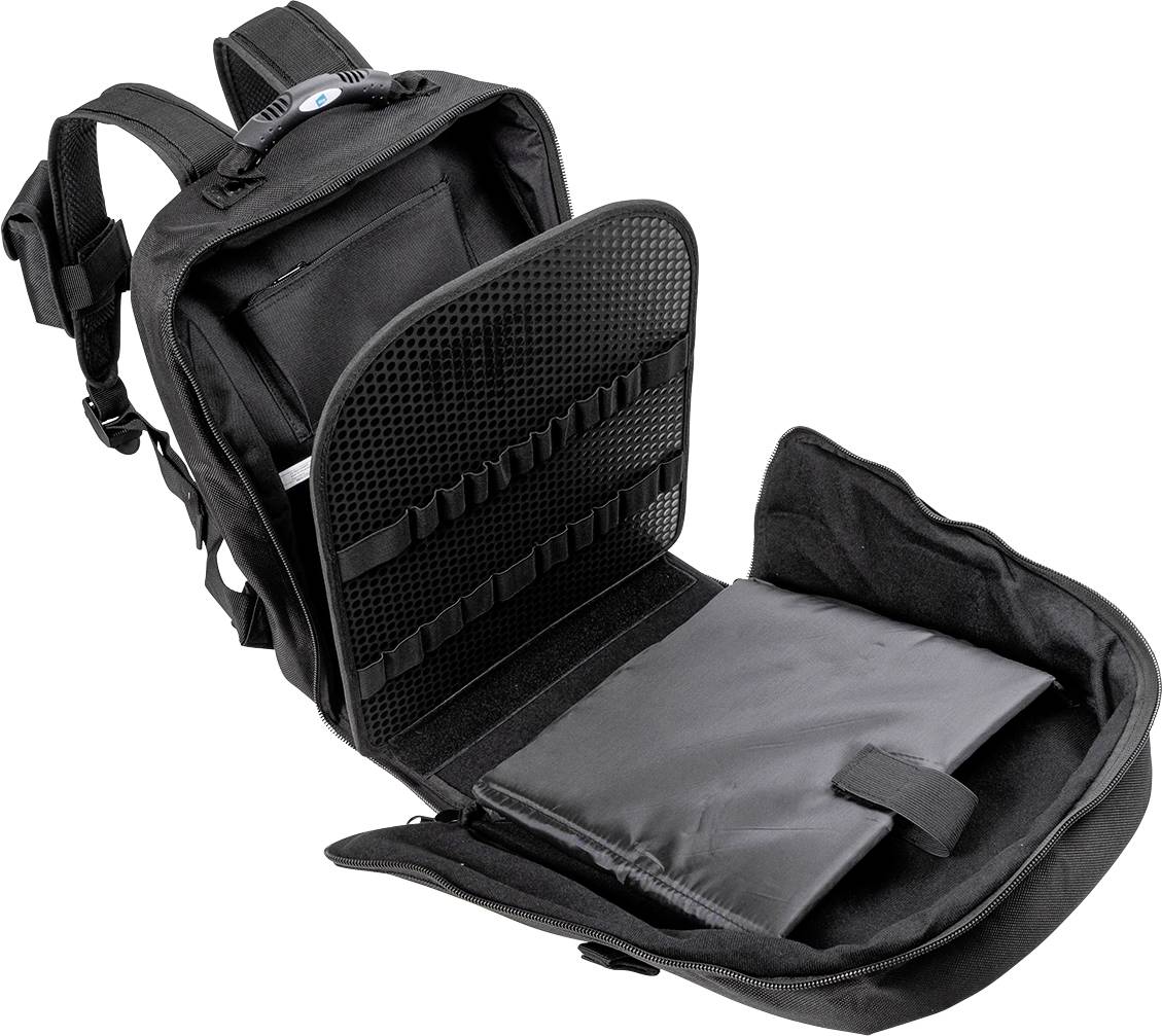 Ein geöffneter, schwarzer Rucksack, der eine Tasche für einen Laptop zeigt. Der Rucksack hat mehrere Fächer und Riemen.