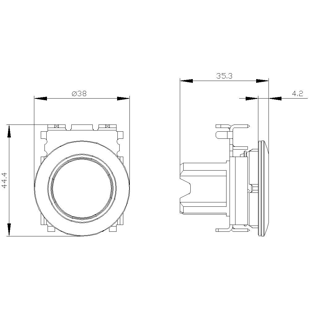 Technische Zeichnung eines runden Schalters mit den Maßen: Durchmesser 38 mm, Höhe 44,4 mm, Tiefe 35,3 mm. Seitenansicht und Frontalansicht sind dargestellt.