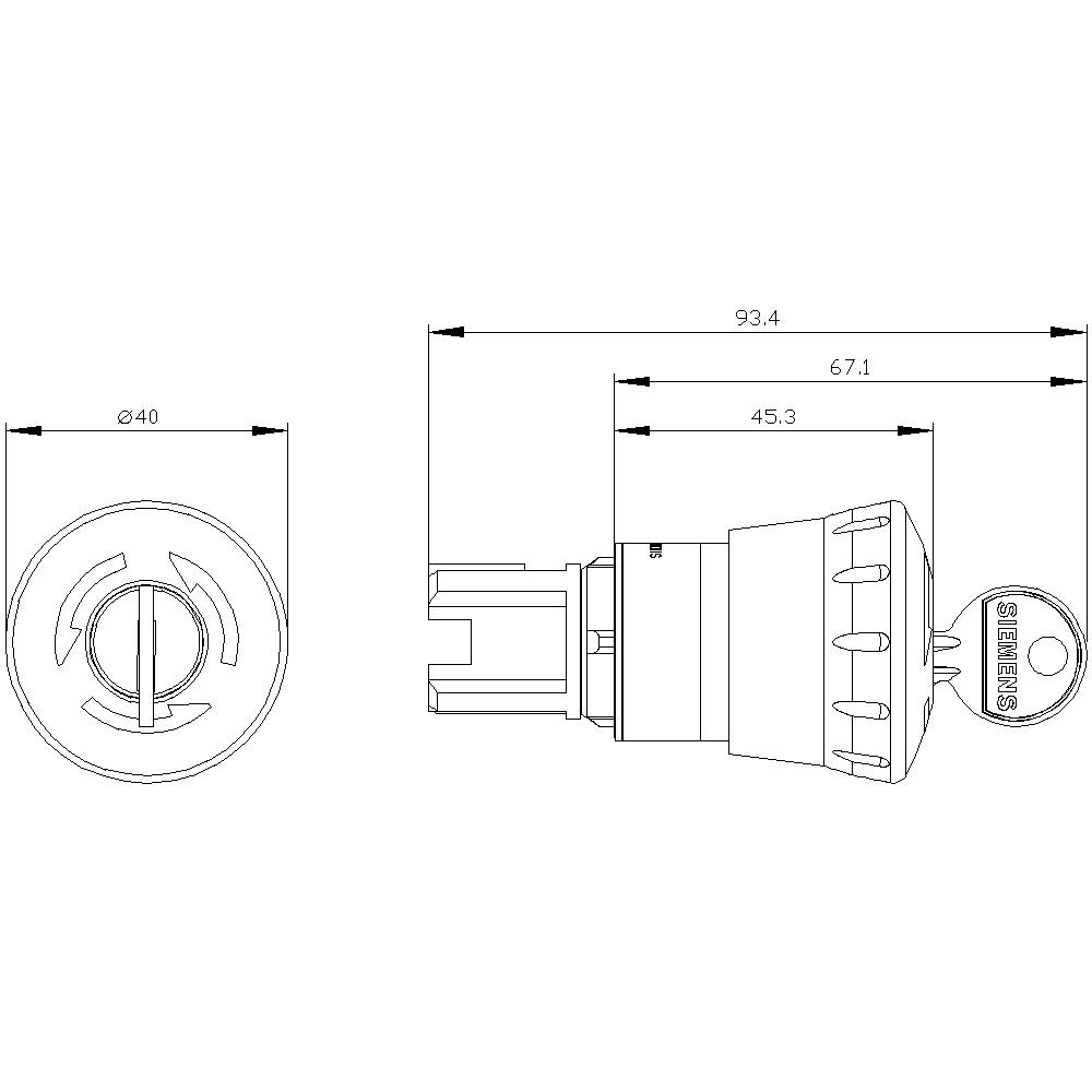 'Schlüsselschalter' Diagramm mit Maßangaben. Links: Frontansicht mit rundem Design. Rechts: Seitenansicht mit Schlüsselloch und Schlüssel, Länge 93,4 mm.