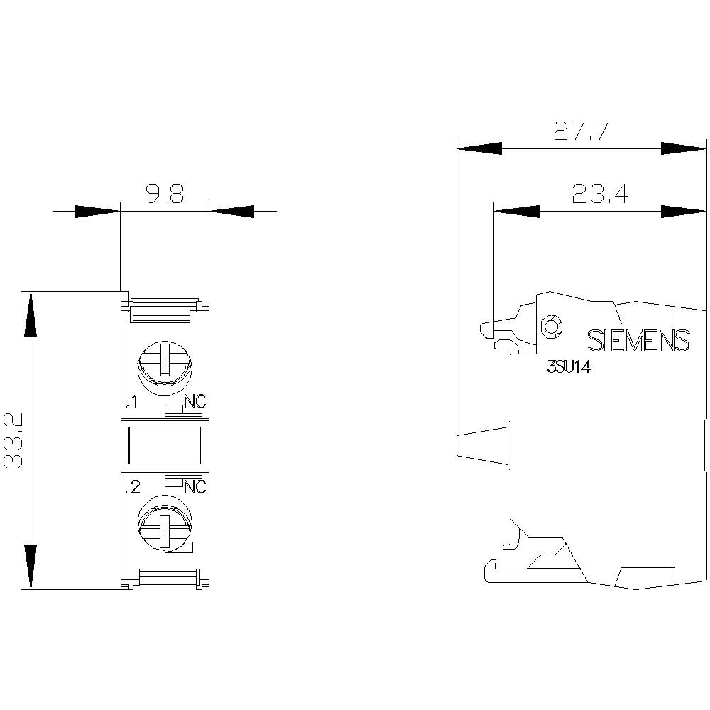 Technische Zeichnung eines Siemens 3SJ14-Sicherheitsschalters mit Abmessungen: 33,2 mm x 27,7 mm x 9,8 mm.