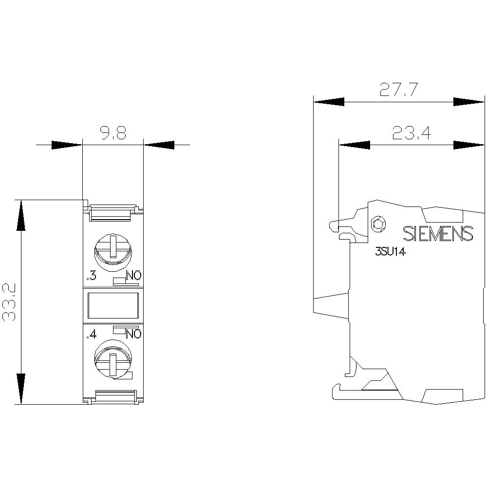 Technische Zeichnung eines Siemens-Schalters, Modell 3SU14. Abmessungen: Höhe 33,2 mm, Breite 9,8 mm, Tiefe 27,7 mm.