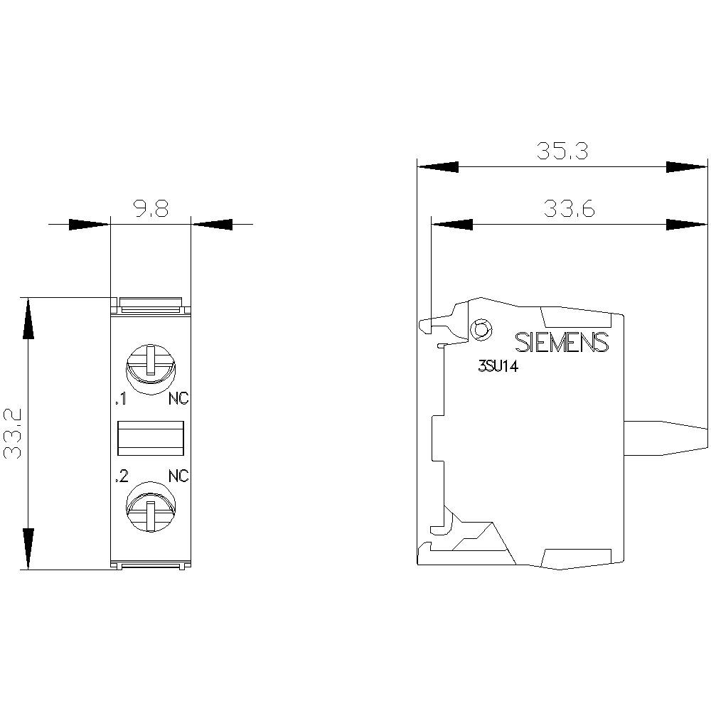 Technische Zeichnung eines Siemens Schalters, Ansicht von vorne und der Seite. Maße: 33,2 mm Höhe, 9,8 mm Breite, 33,6 mm Tiefe.