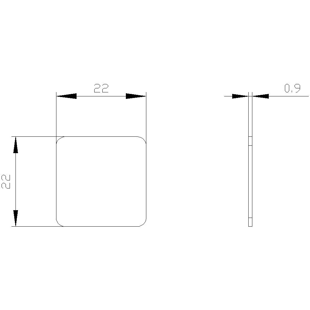 Technische Zeichnung eines quadratischen Objekts. Maße: 22x22 Einheiten, Dicke 0,9 Einheiten.