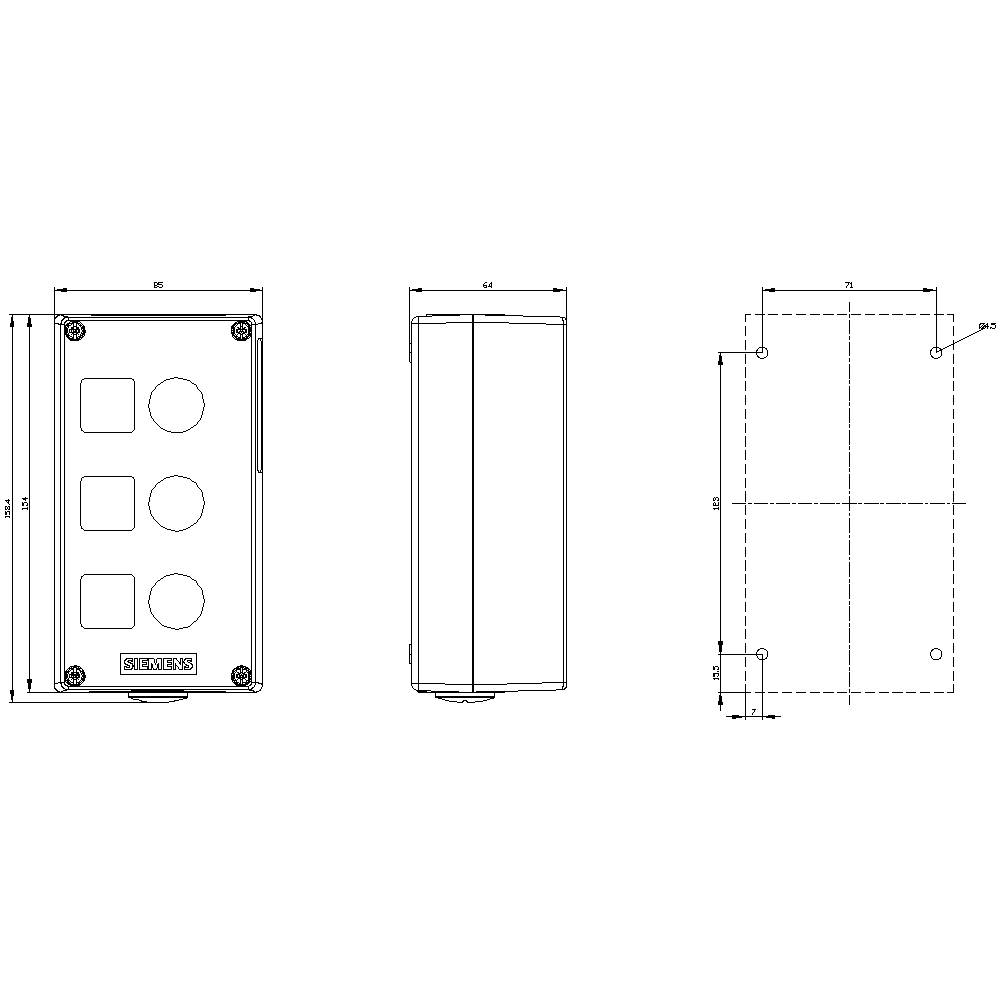 Technische Zeichnung eines rechteckigen Gehäuses mit Bohrlöchern. Zeigt Vorder-, Seiten- und Draufsicht mit genauen Abmessungen.