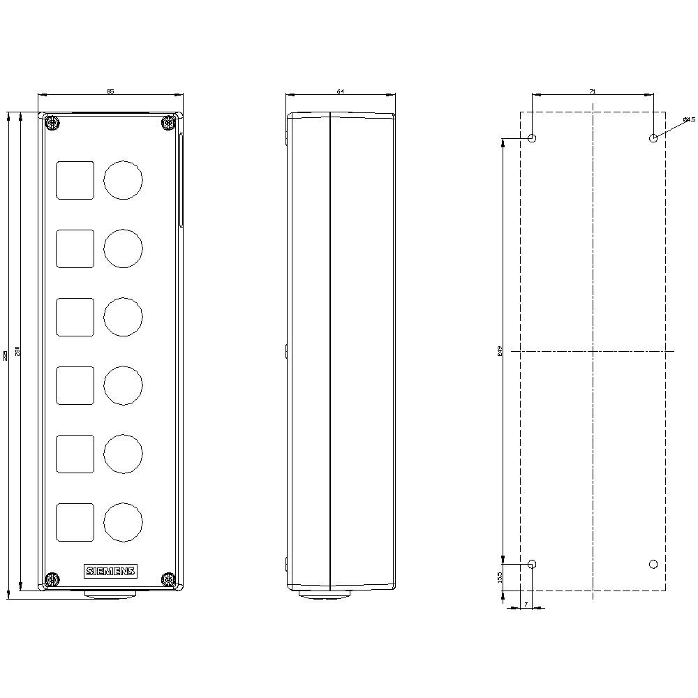 Technische Zeichnung eines rechteckigen, vertikalen Bedienfelds mit Platz für neun runde Tasten auf der Vorderseite. Seiten- und Rückansicht sind abgebildet.