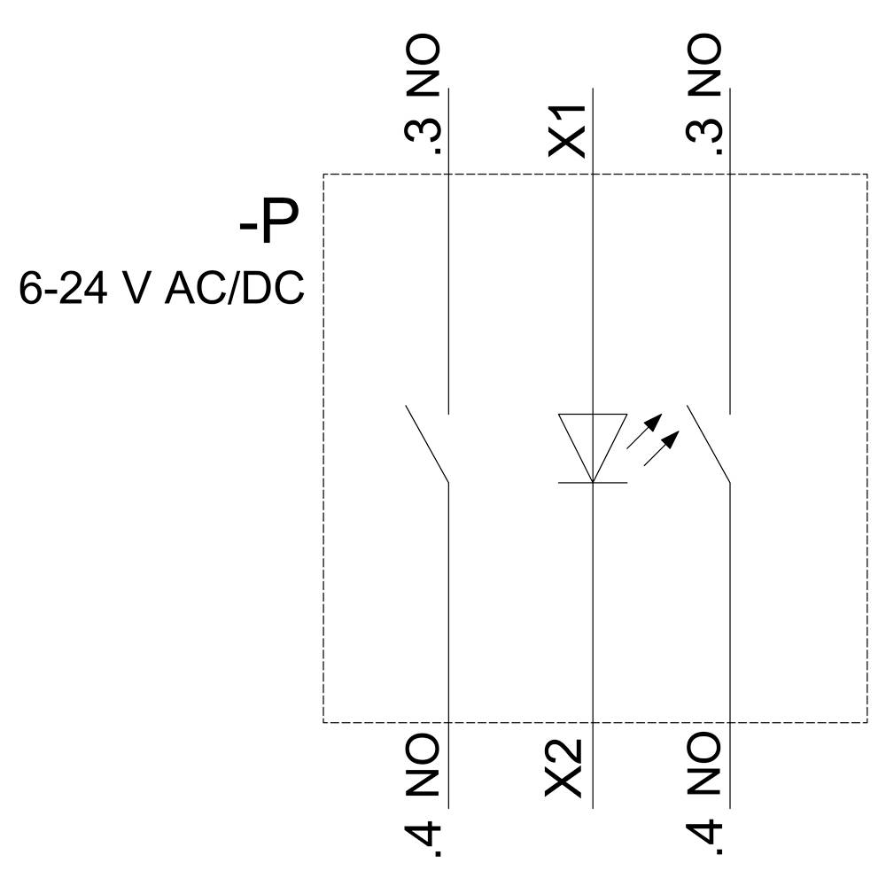 Schaltplan eines Relais: Anschlüsse X1 und X2. Hinweis: '-P 6-24 V AC/DC'. Kontakte 3 NO und 4 NO sind mit X1 und X2 verbunden. Arrows zeigen LED.