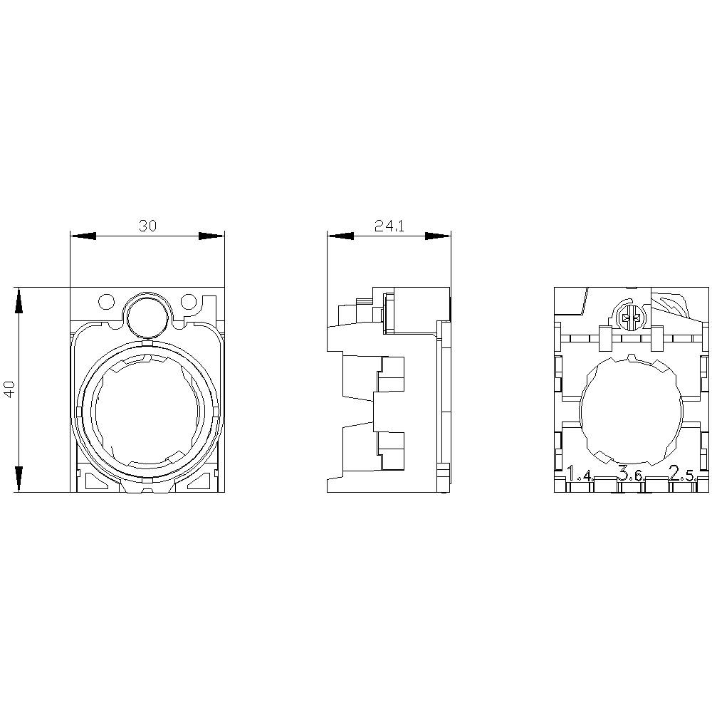 Technische Zeichnung eines elektrischen Bauteils mit drei Ansichten. Maße: 30 mm x 40 mm und 24,1 mm Tiefe, zeigt Details des Designs.