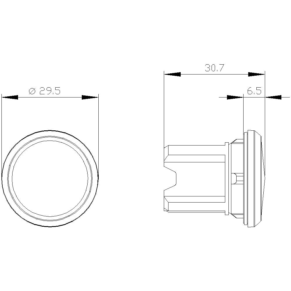 Technische Zeichnung eines zylindrischen Objekts mit Maßen: 29,5 mm Durchmesser, 30,7 mm Länge, 6,5 mm Breite. Zeigt Vorder- und Seitenansicht.