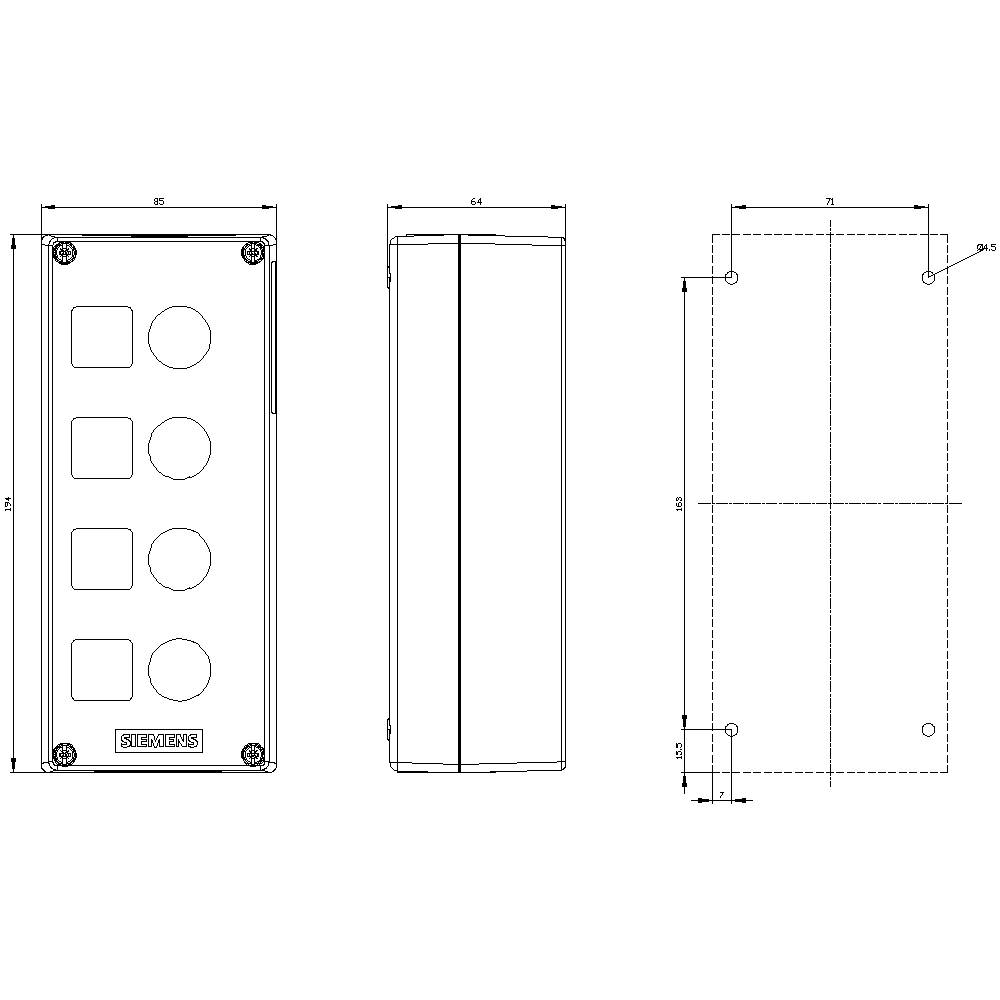 Technische Zeichnung eines rechteckigen Gerätegehäuses mit fünf runden Öffnungen. Dargestellt in drei Ansichten: Vorder-, Seiten- und Draufsicht. Maße und Befestigungspunkte sind angegeben.