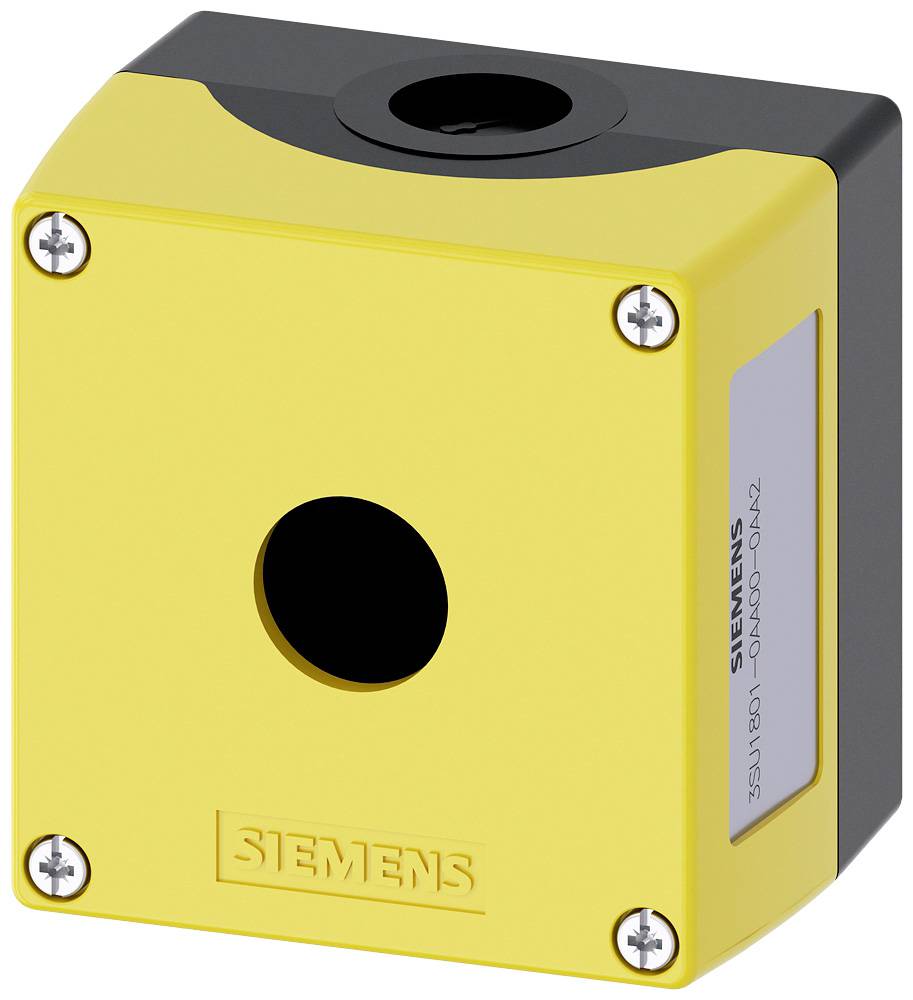 Gelbes Siemens-Gehäuse mit kreisförmiger Öffnung in der Mitte, vier Schrauben an den Ecken. Entworfen für industrielle Anwendungen.