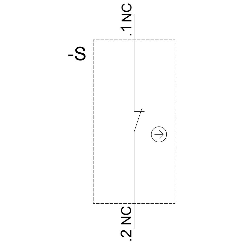 Schaltsymbol eines Tasters: Oben und unten 'NC'-Kontakte, mittig ein Schließer mit Pfeil nach rechts. Symbol repräsentiert elektrischen Schalter.
