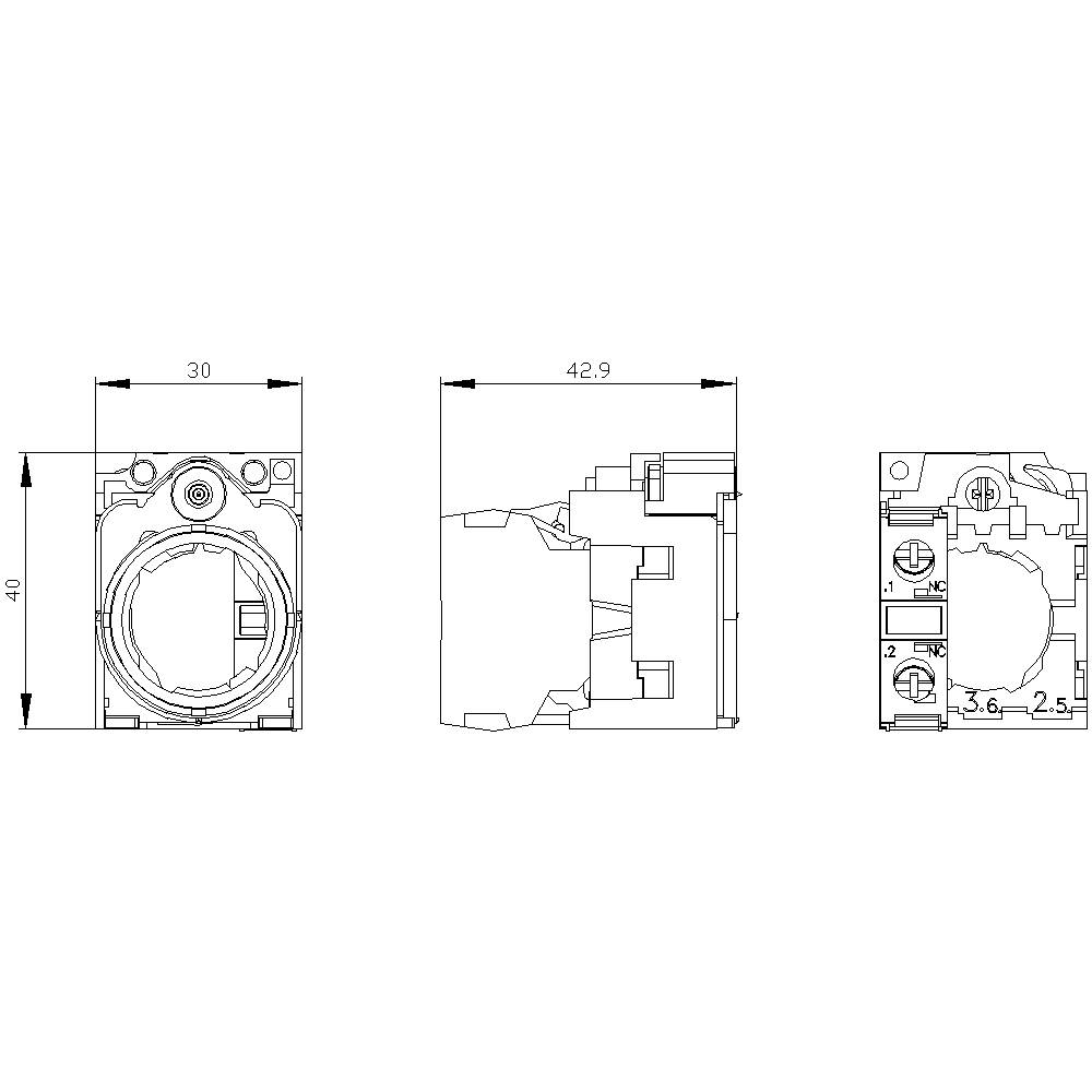 Technische Zeichnung eines rechteckigen elektrischen Bauteils mit Maßen: 30x40mm, 42.9mm Tiefe. Ansichten: Vorder-, Seiten- und Rückansicht.