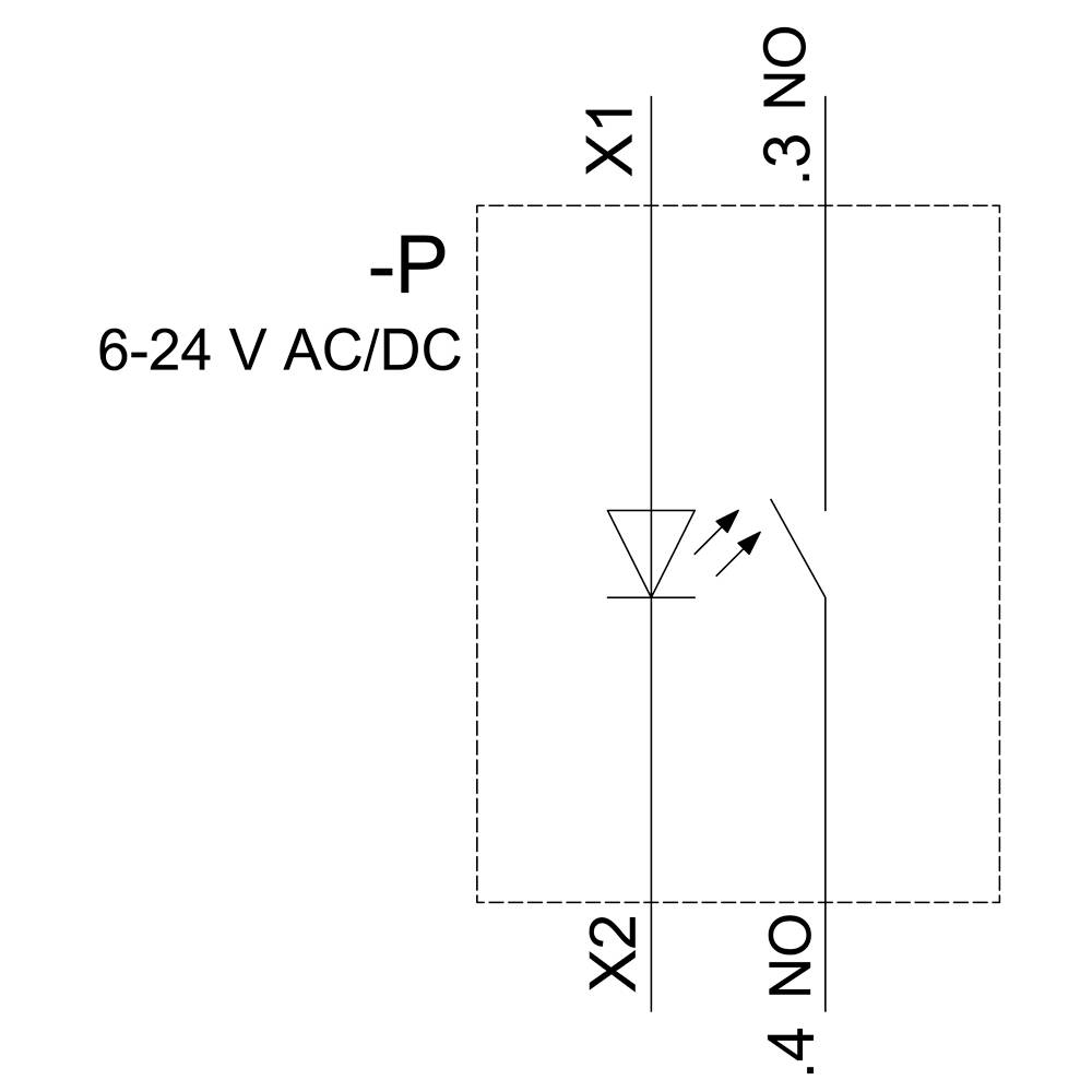Schaltsymbol mit einem Rechteck, X1 und X2 Anschlüsse, 6-24 V AC/DC. Pfeil zeigt Verbindungsrichtung, markiert mit Kontakt 3 NO und 4 NO.