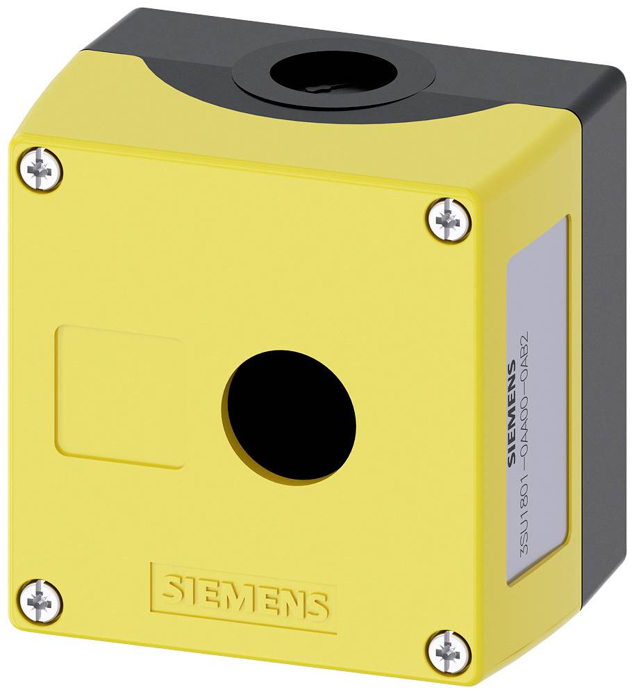 Gelbes Siemens Gehäuse mit rundem Loch in der Mitte und vier Schrauben an den Ecken.