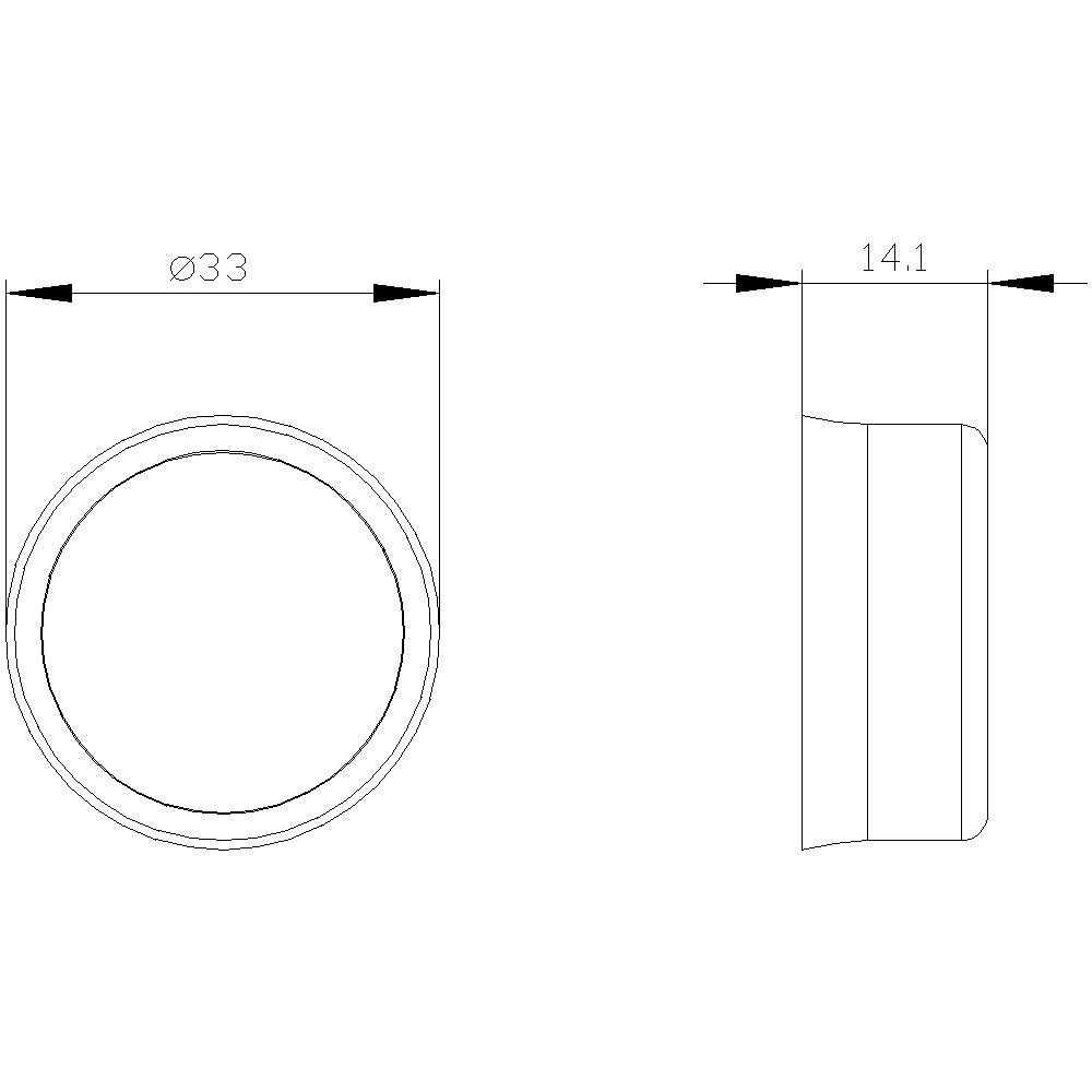Technische Zeichnung eines runden Objekts: Durchmesser 33 mm, Tiefe 14,1 mm. Seitenansicht rechts.