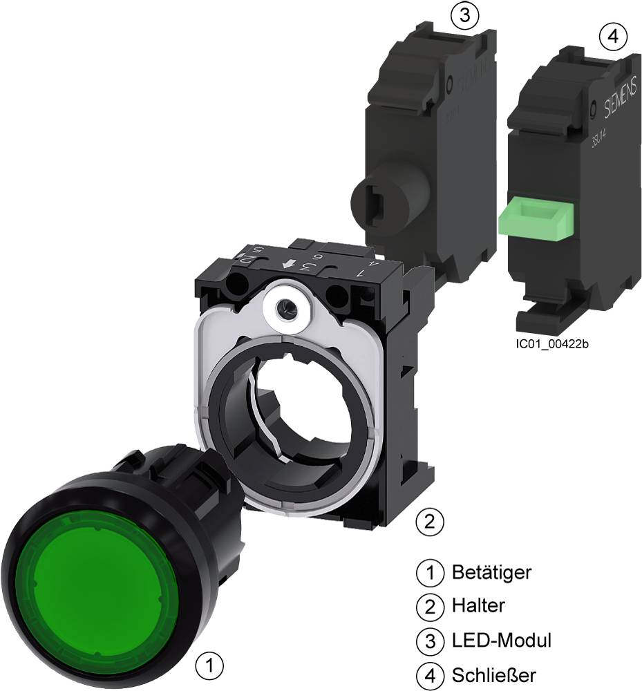 Grüner Druckknopf von Siemens, zerlegt in vier Bestandteile: 1) Betätiger, 2) Halter, 3) LED-Modul, 4) Schließer.