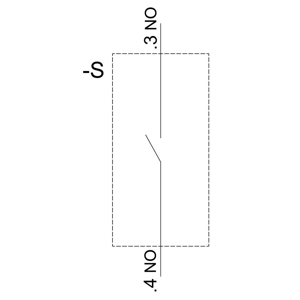 'Schaltplan-Symbol: Rechteck mit diagonaler Linie, an Punkten mit 'S', '3 NO' und '4 NO' beschriftet. Darstellung eines Schalters.'