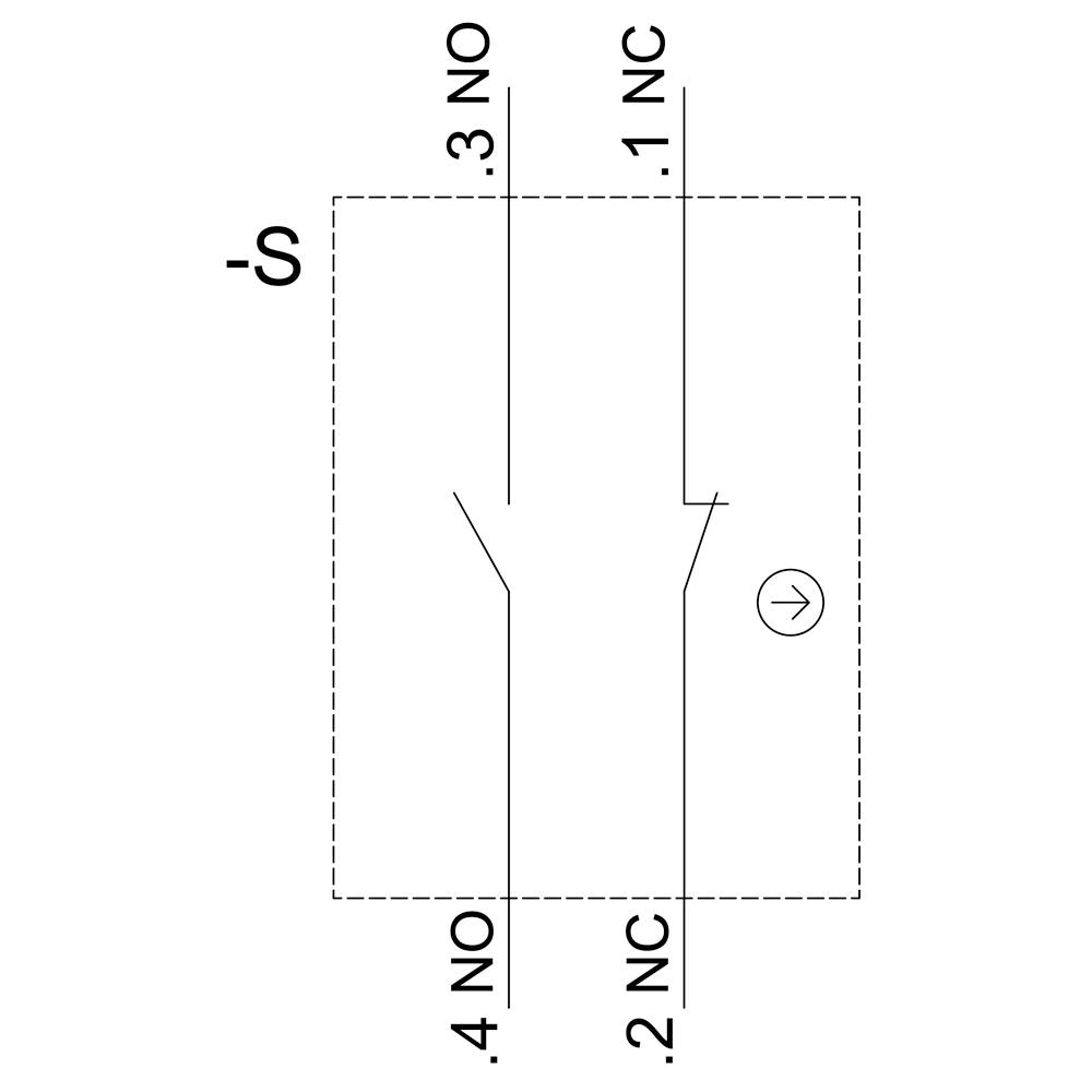 Zeichnung eines elektrischen Schalters mit vier Kontakten: zwei 'NO' (Normally Open) und zwei 'NC' (Normally Closed), markiert als 1 NC, 2 NC, 3 NO, 4 NO.