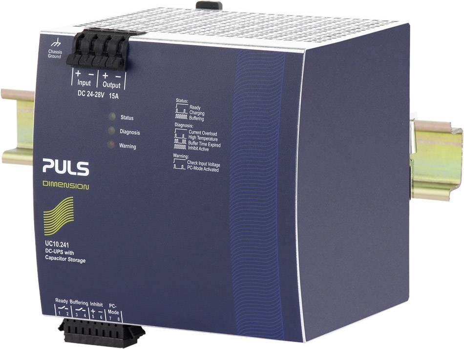 Ein blaues Puls-Modul zur Hutschienenmontage mit Eingangs- und Ausgangsklemmen sowie Status- und Diagnoselampen.