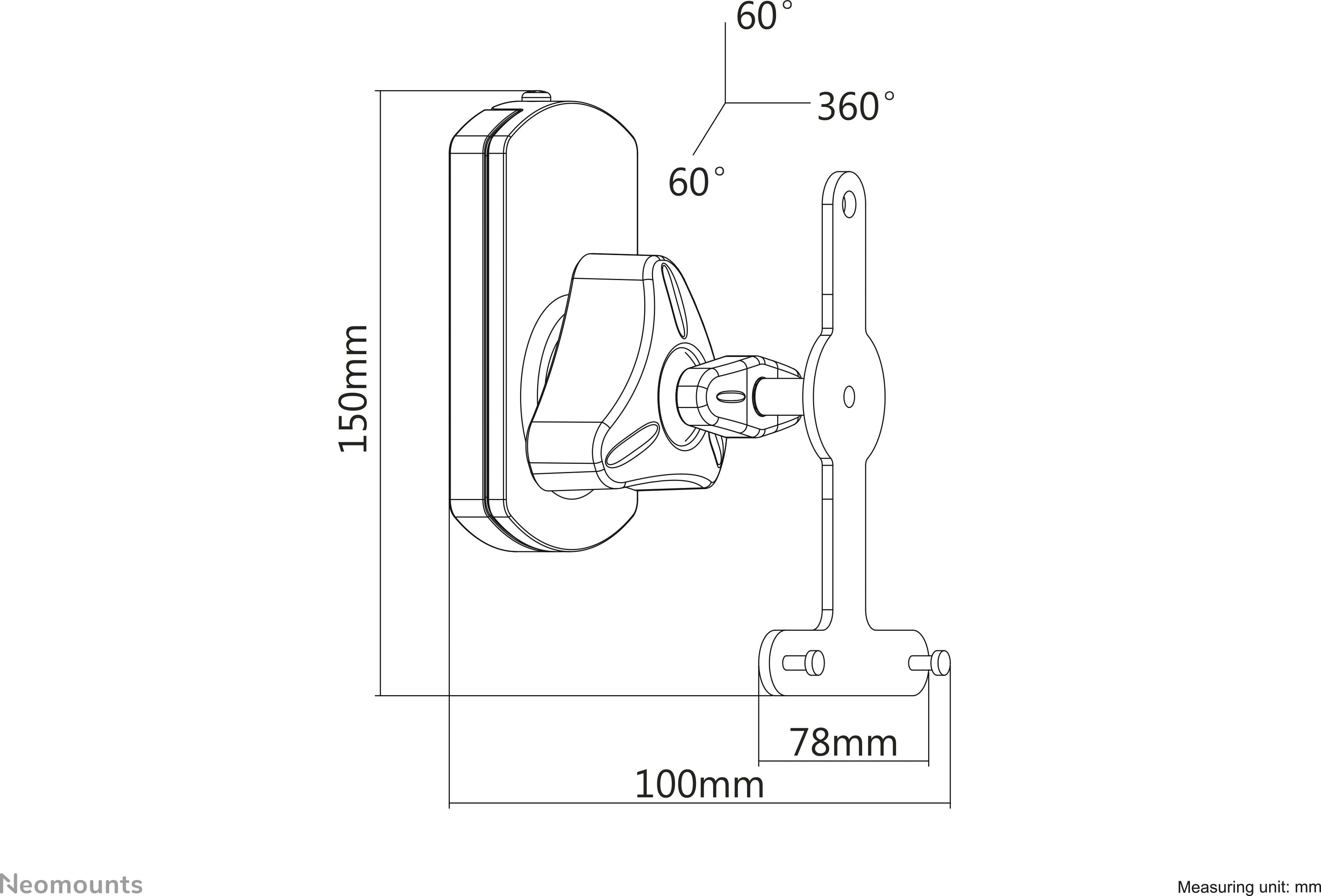 Technische Zeichnung einer Wandhalterung: Maße 150mm x 100mm; Drehwinkel 360°, Neigungswinkel 60°; Messung in mm.