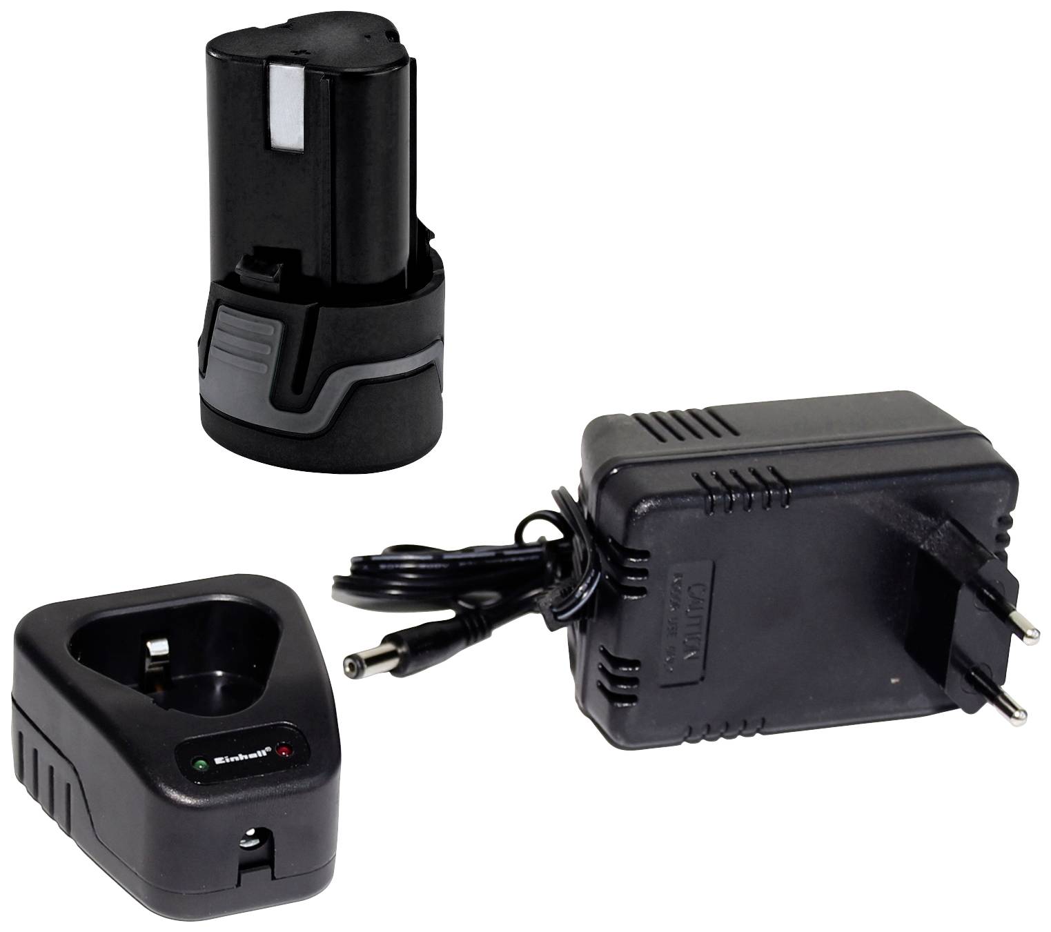 Schwarzes Ladegerät mit Kabel, Batterie und Ladebasis, europäischer Stecker. Ideal für Elektrogeräte und Werkzeuge.