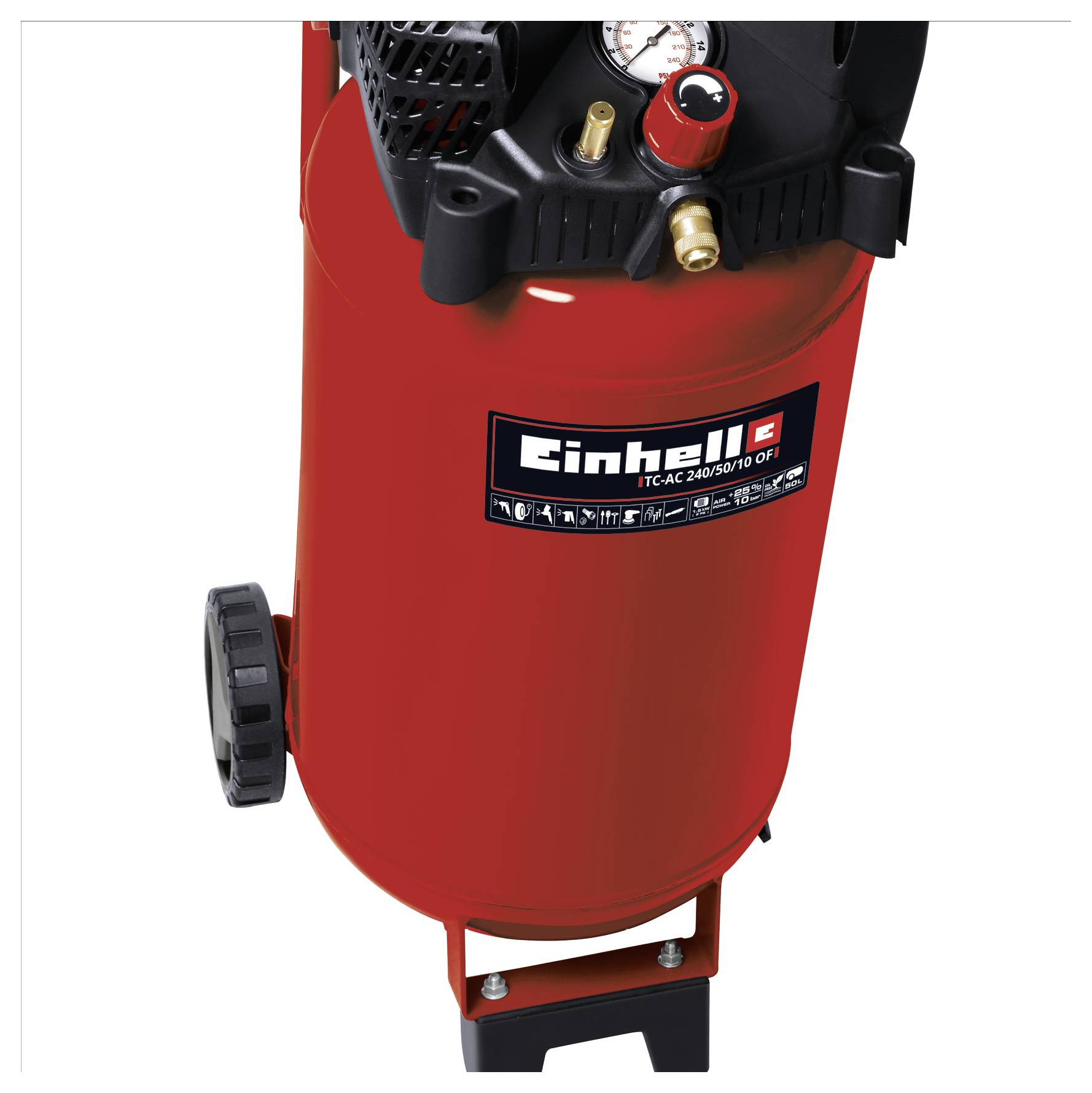 Roter Einhell-Druckluftbehälter mit Manometer, Bedienknopf und Rädern auf weißem Hintergrund.