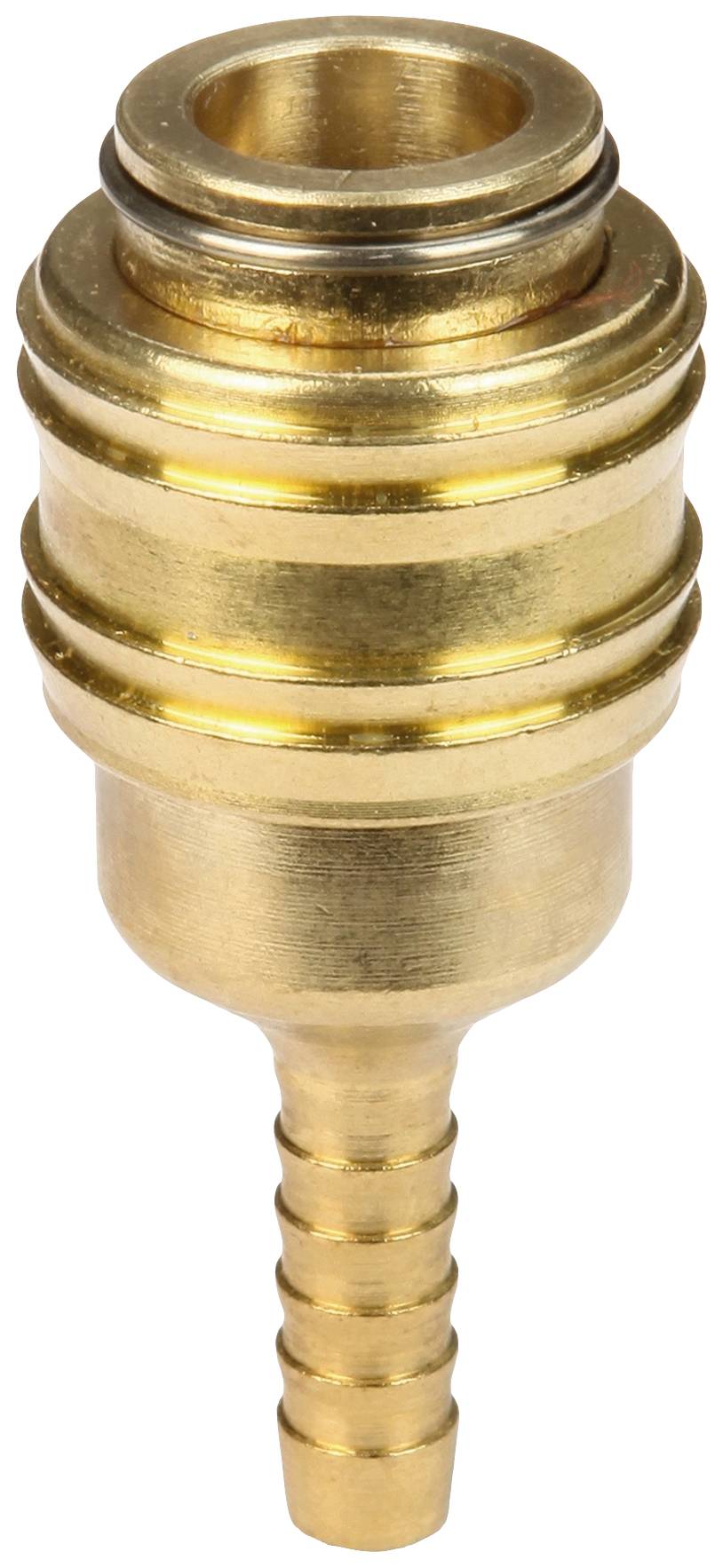 Messing Adapter mit geriffeltem Schaft und Gewindeansatz, oft verwendet für Schlauchverbindungen in der Installationstechnik.