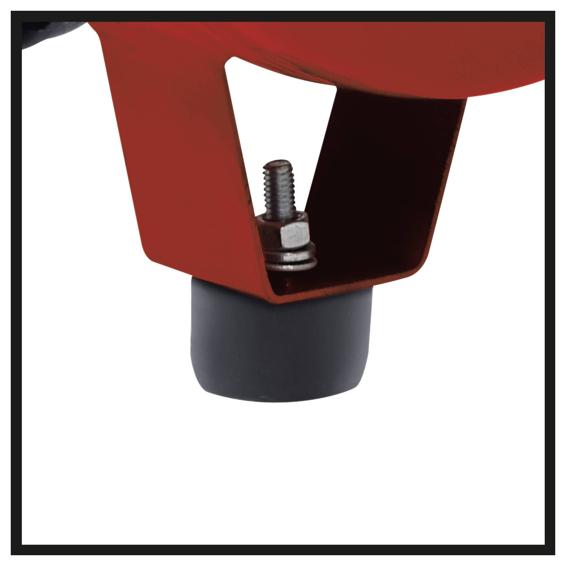 Nahaufnahme einer roten Lenkrolle mit sichtbarem Bolzen und schwarzem Rad auf weißem Hintergrund.