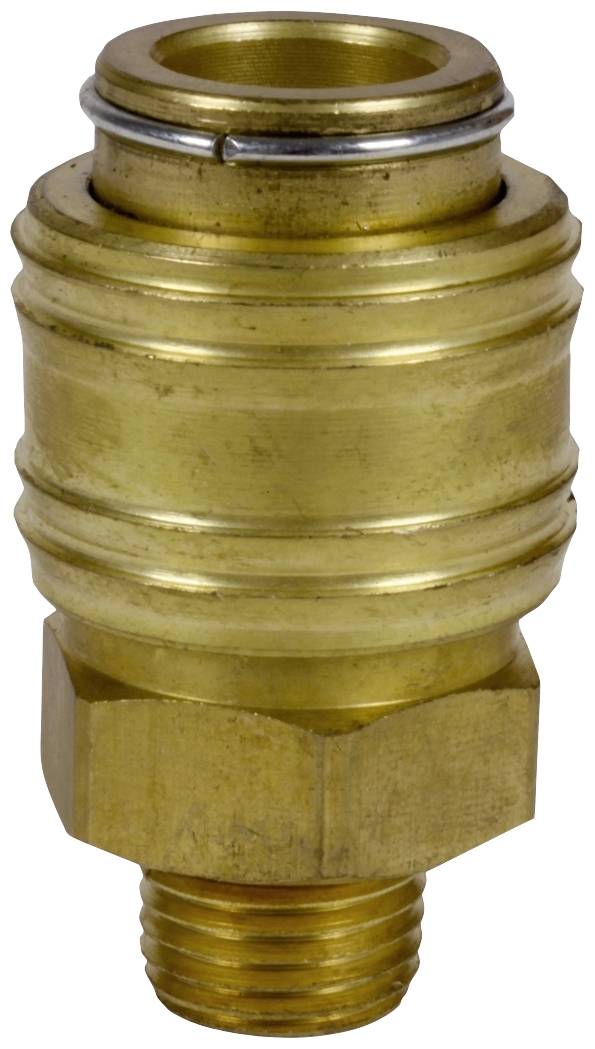 Messing-Schnellkupplung mit Gewinde, glänzende Oberfläche. Verwendet für sichere und schnelle Verbindungen in Rohrsystemen.